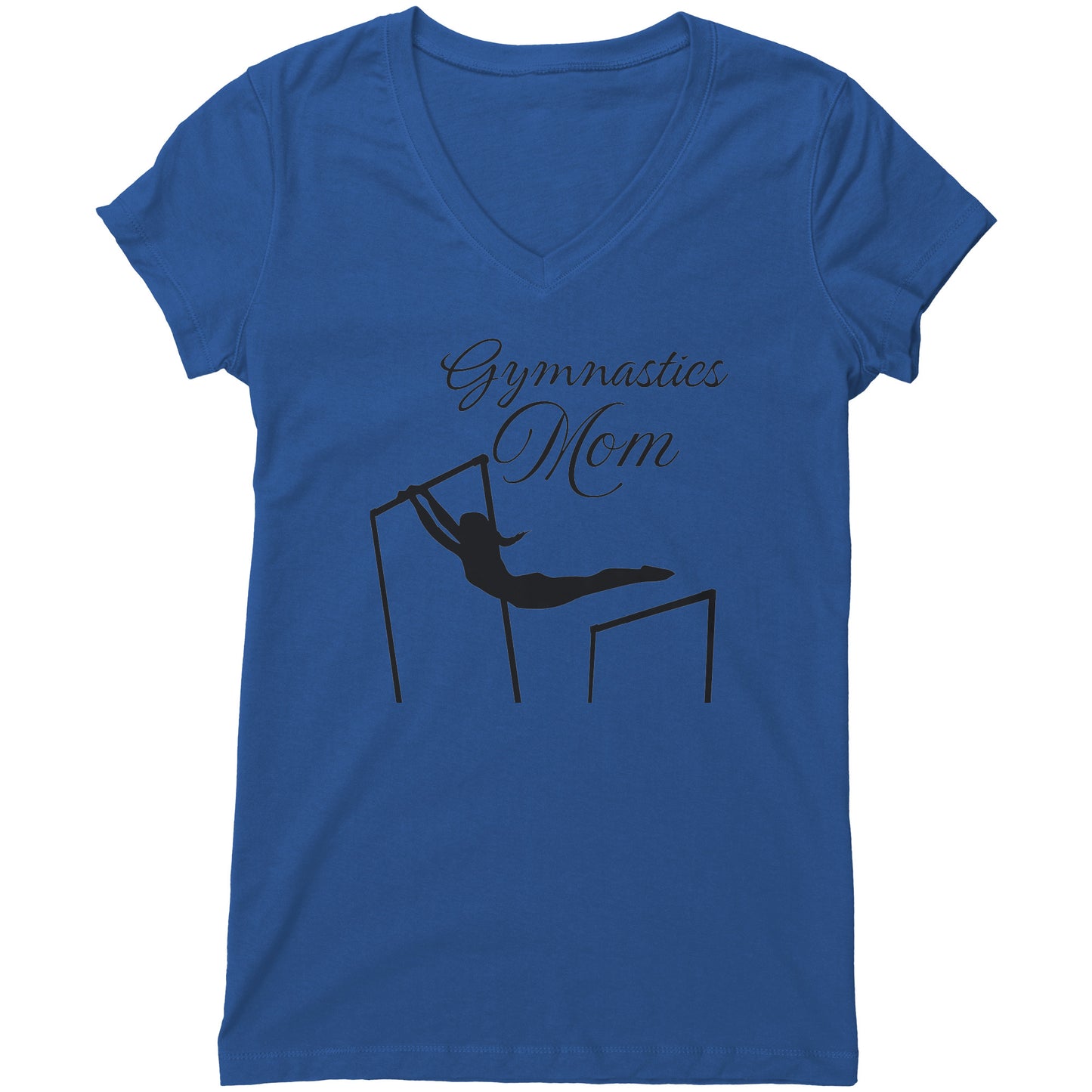 Royal Blue colored Gymnastics Mom Women's T-Shirt. This t-shirt says Gymnastics Mom with the image of a female gymnast on the uneven bards on the front.