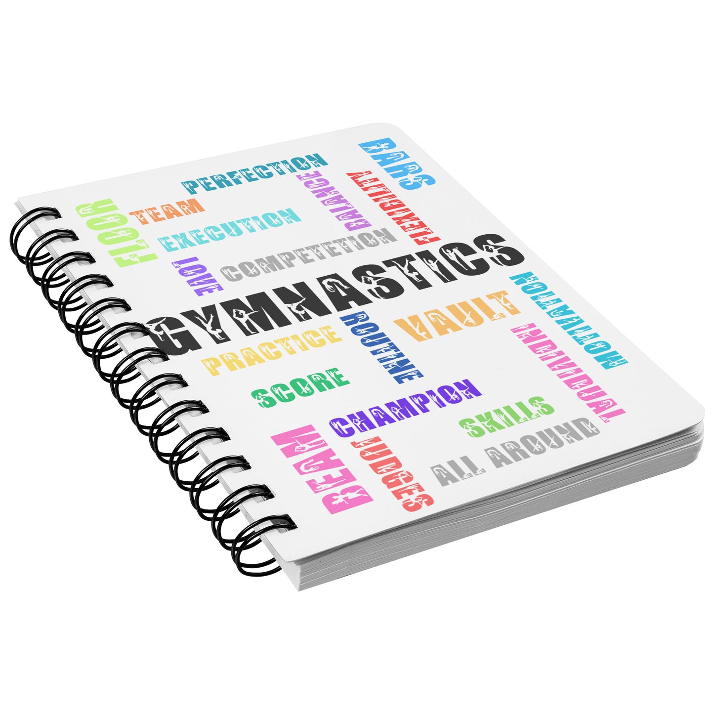 The front cover of this Gymnastics Spiralbound journal is adorned with words to remind you of your love for gymnastics. The printed cover showcases the skills and dedication that drive your passion.
