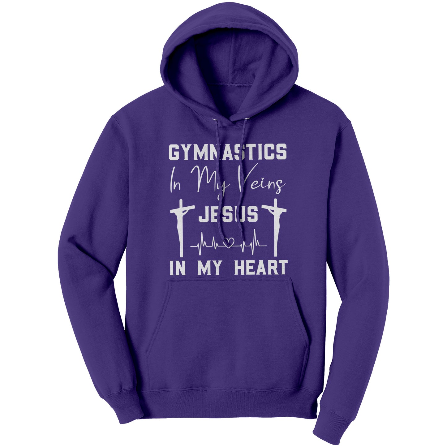 Purple women's hoodie that says "Gymnastics in My Veins, Jesus in My Heart" in elegant white lettering, adorned with two crosses and a heartbeat pattern
