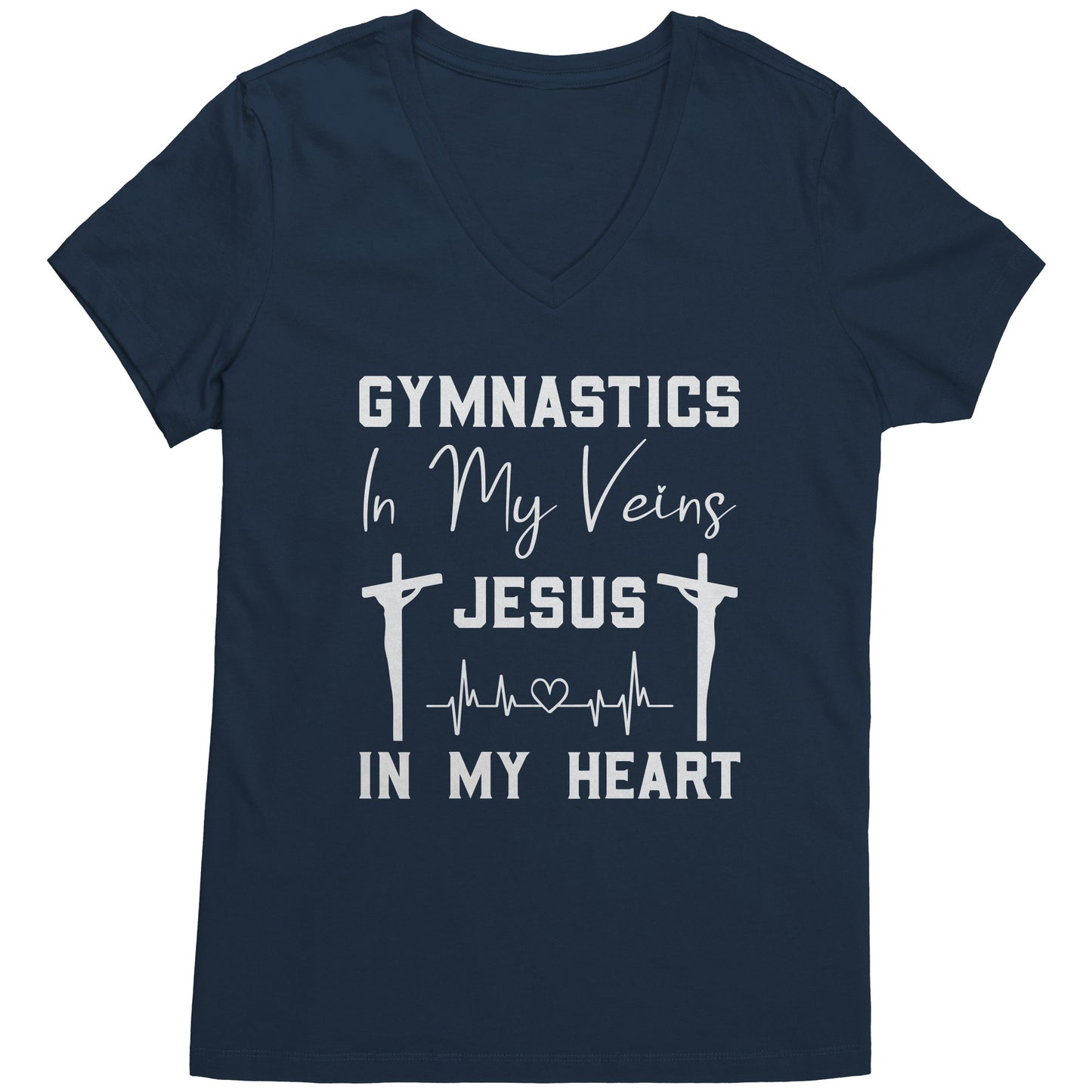 Navy women's t-shirt that says "Gymnastics in My Veins, Jesus in My Heart" in elegant white lettering, adorned with two crosses and a heartbeat pattern