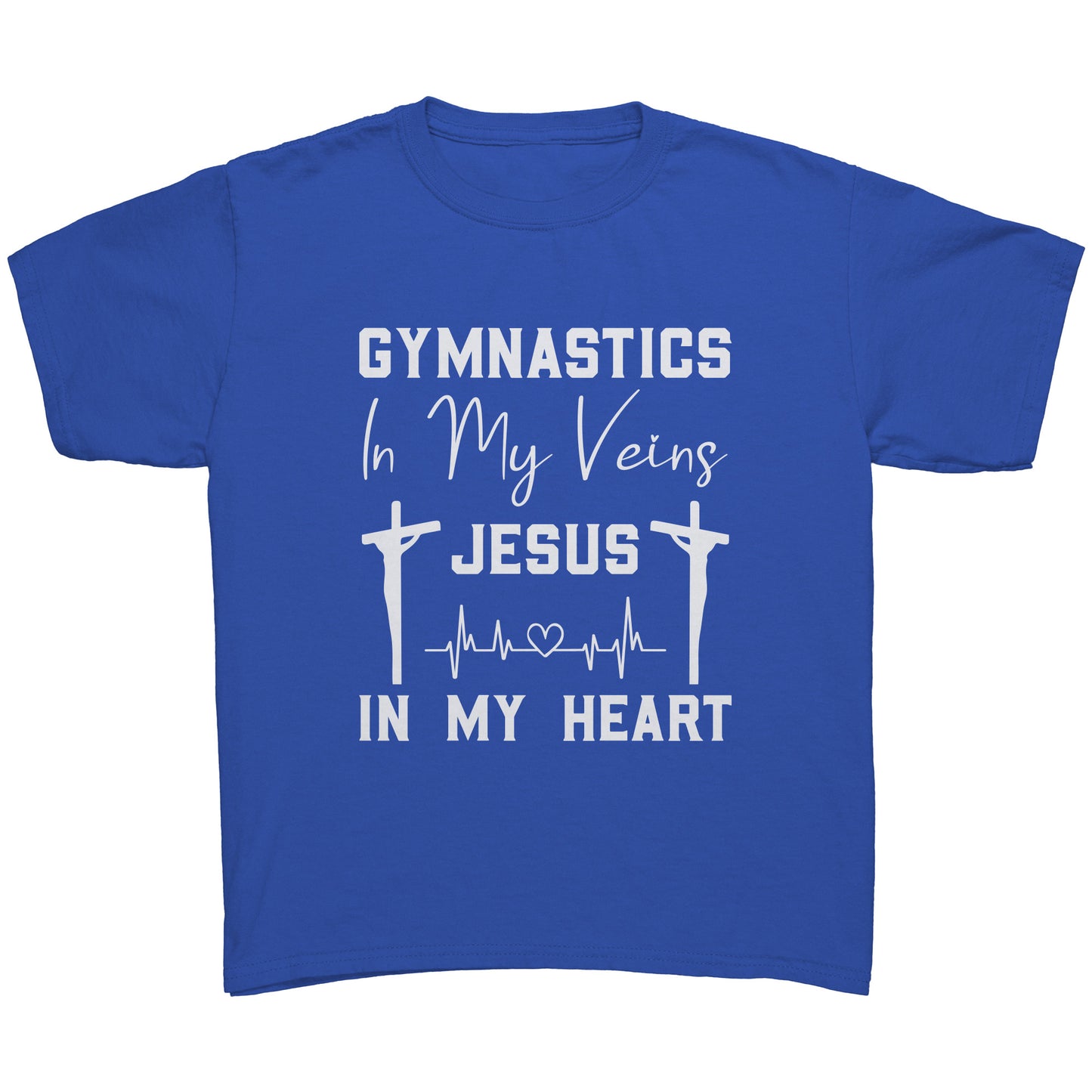 Royal Blue children's t-shirt says "Gymnastics in My Veins, Jesus in My Heart" in elegant white lettering, adorned with two crosses and a heartbeat pattern
