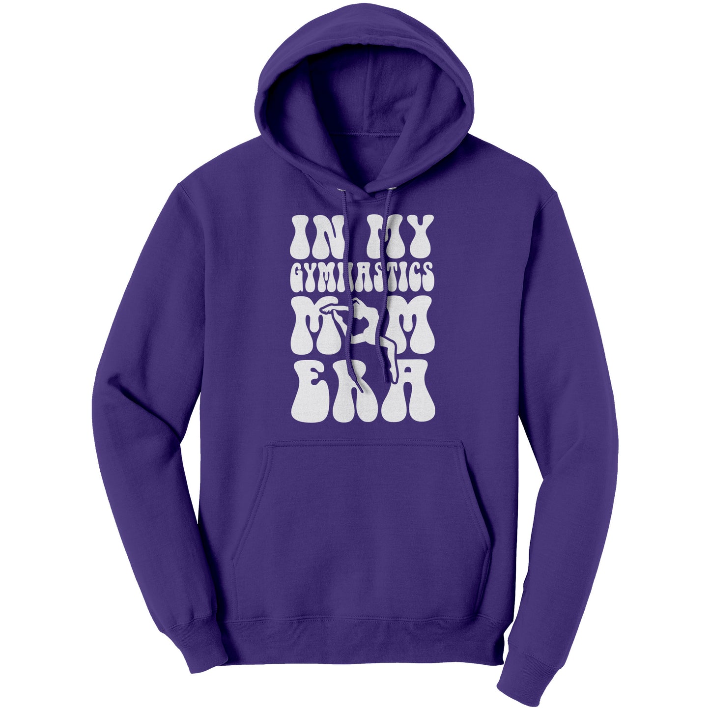 Purple In My Gymnastics Mom Era Women's Hoodie with white bubble font