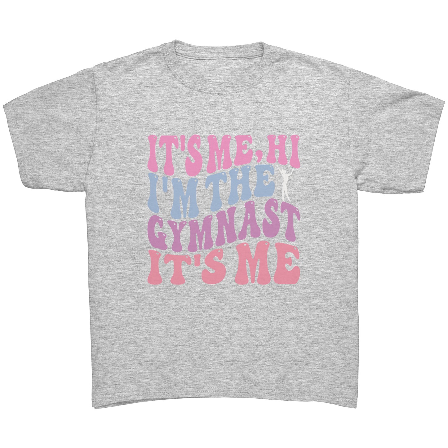 Ash colored children's t-shirt that features the catchy phrase "It's Me, Hi, I'm the Gymnast, It's Me" in a vibrant bubble font on the front, complemented by an elegant image of a gymnast striking a graceful pose.