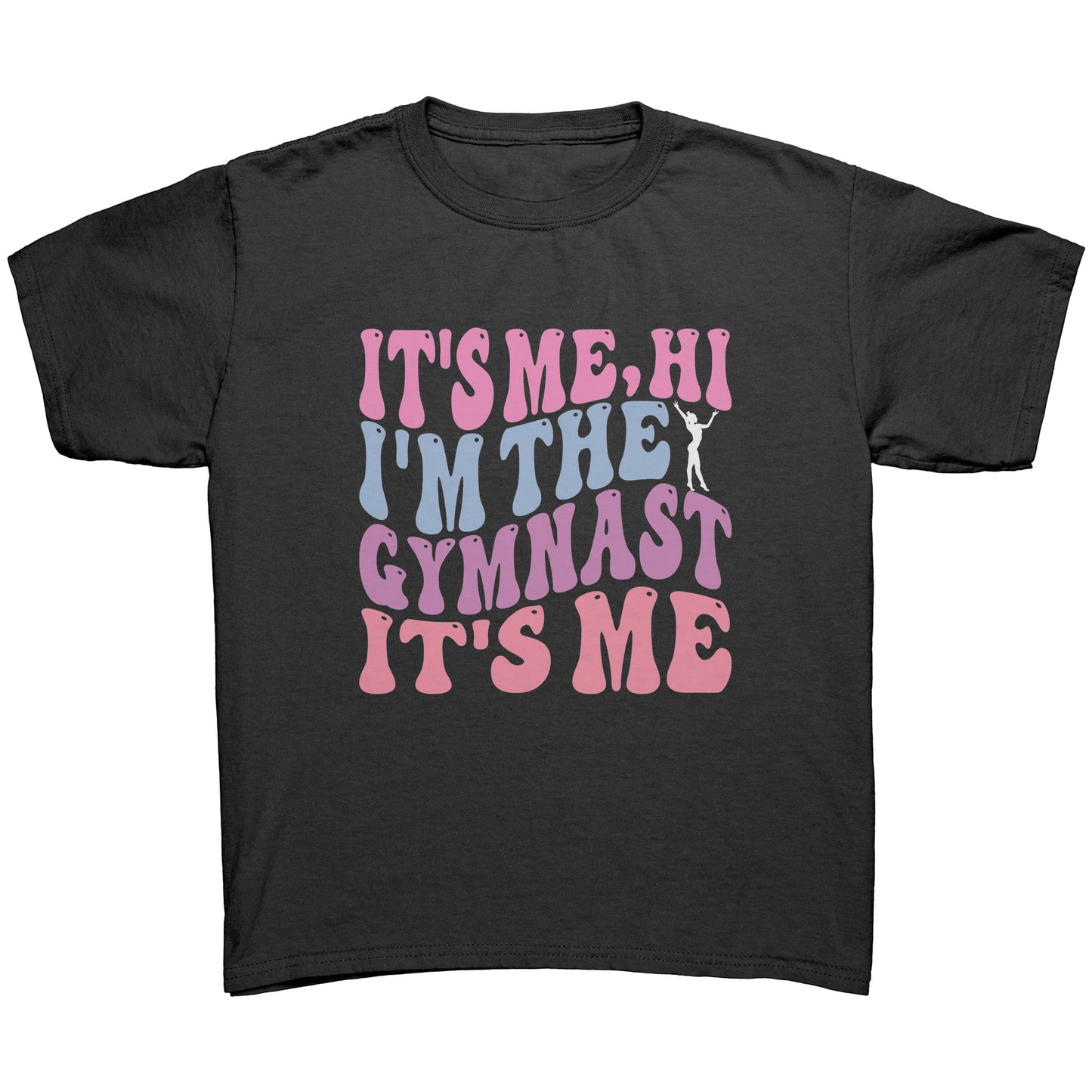 Back colored children's t-shirt that features the catchy phrase "It's Me, Hi, I'm the Gymnast, It's Me" in a vibrant bubble font on the front, complemented by an elegant image of a gymnast striking a graceful pose.