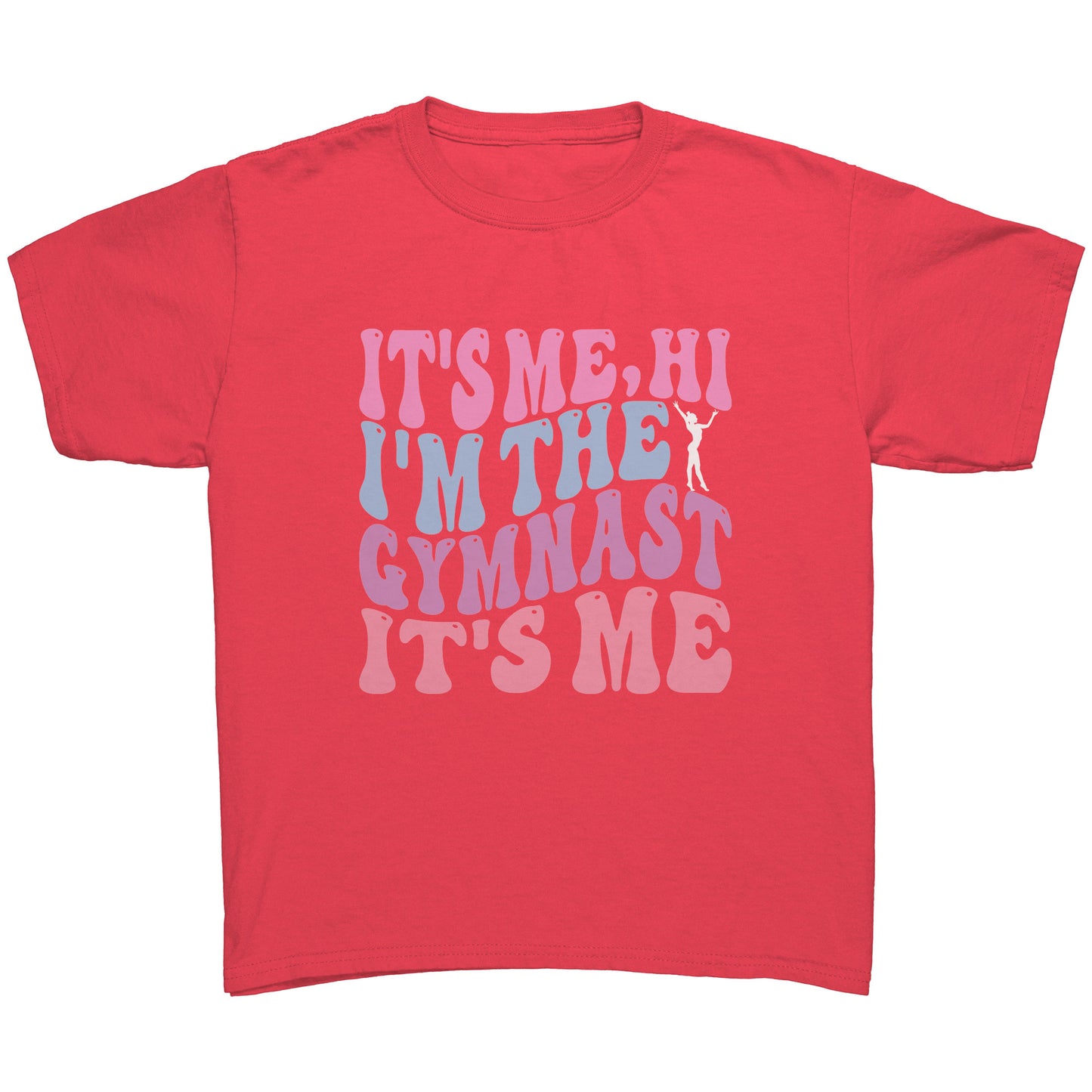 Coral Silk colored children's t-shirt that features the catchy phrase "It's Me, Hi, I'm the Gymnast, It's Me" in a vibrant bubble font on the front, complemented by an elegant image of a gymnast striking a graceful pose.