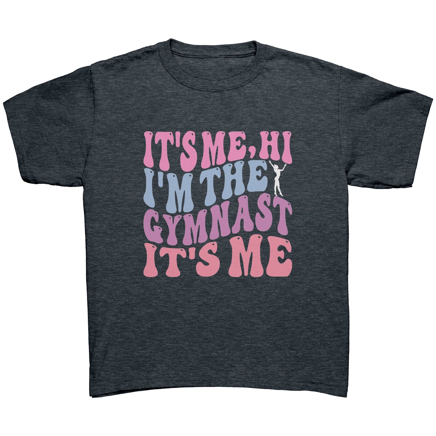 Heathered Navy colored children's t-shirt that features the catchy phrase "It's Me, Hi, I'm the Gymnast, It's Me" in a vibrant bubble font on the front, complemented by an elegant image of a gymnast striking a graceful pose.