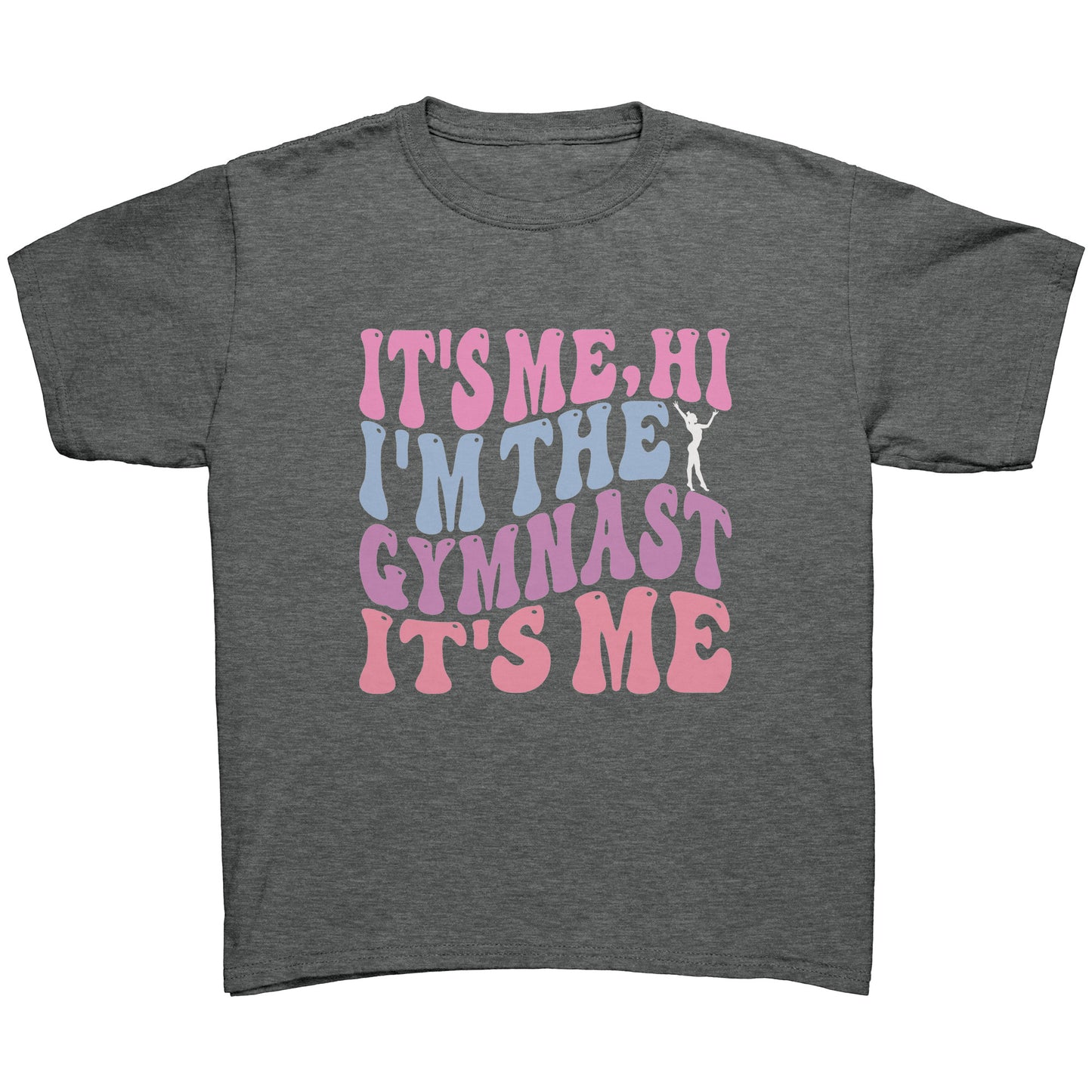 Heather Grey colored children's t-shirt that features the catchy phrase "It's Me, Hi, I'm the Gymnast, It's Me" in a vibrant bubble font on the front, complemented by an elegant image of a gymnast striking a graceful pose.