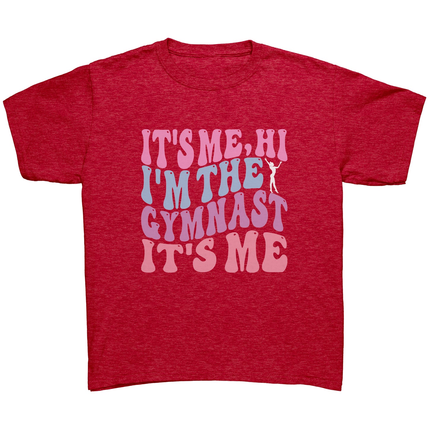 Heathered Red colored children's t-shirt that features the catchy phrase "It's Me, Hi, I'm the Gymnast, It's Me" in a vibrant bubble font on the front, complemented by an elegant image of a gymnast striking a graceful pose.