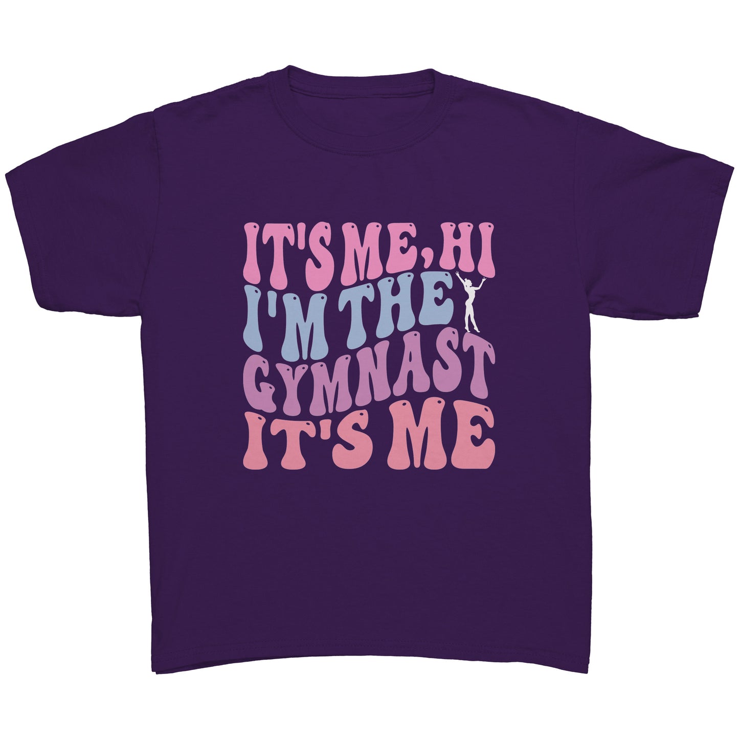 Purple colored children's t-shirt that features the catchy phrase "It's Me, Hi, I'm the Gymnast, It's Me" in a vibrant bubble font on the front, complemented by an elegant image of a gymnast striking a graceful pose.