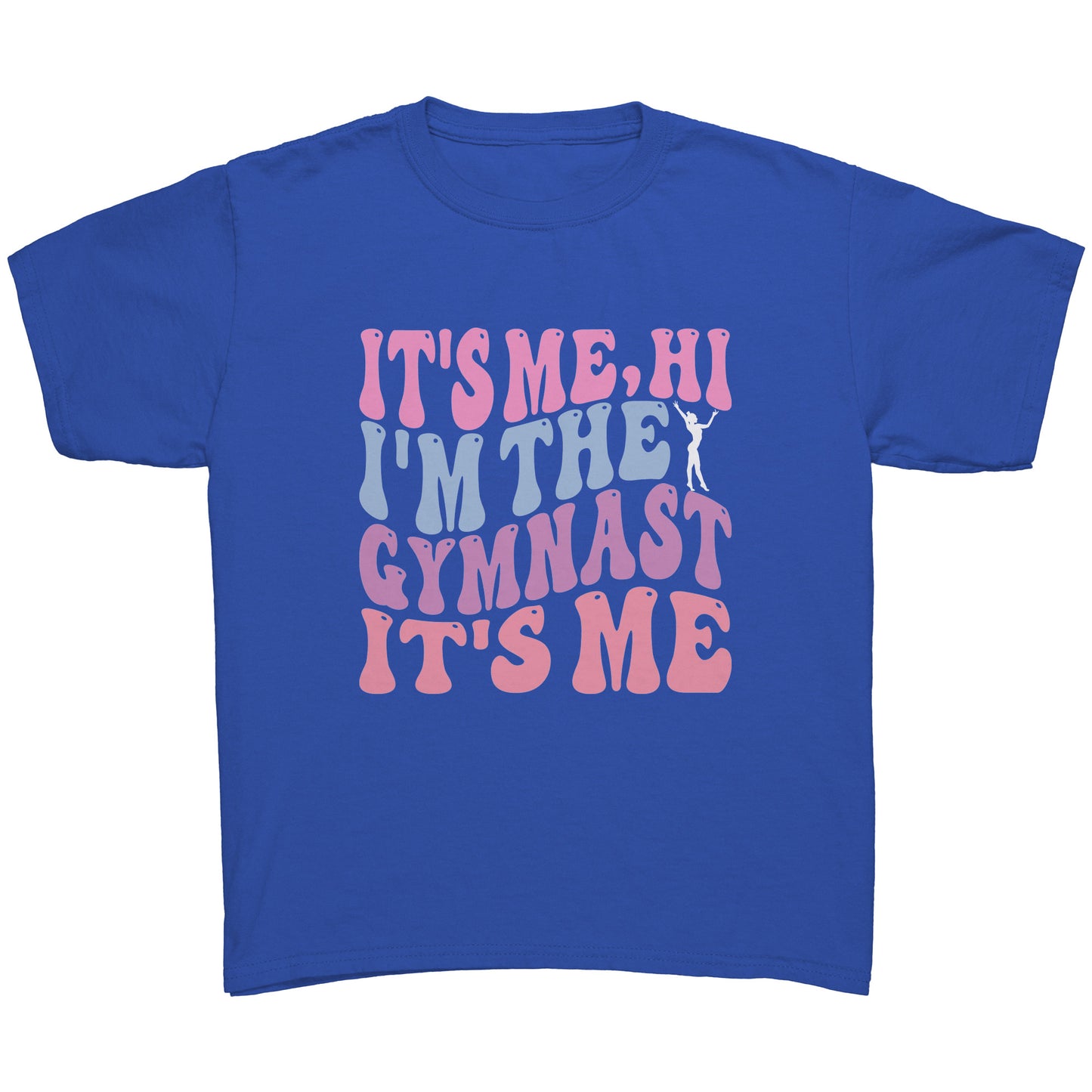 Royal colored children's t-shirt that features the catchy phrase "It's Me, Hi, I'm the Gymnast, It's Me" in a vibrant bubble font on the front, complemented by an elegant image of a gymnast striking a graceful pose.