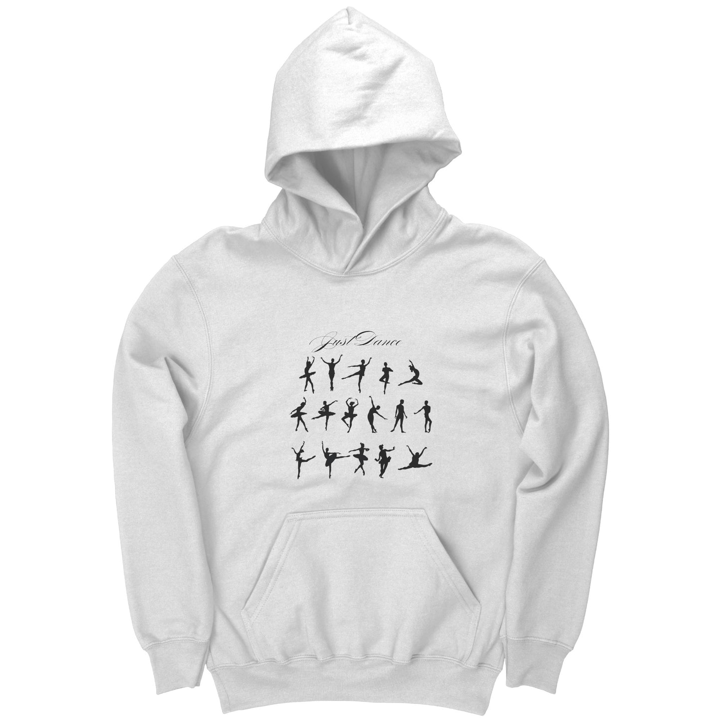 White colored Just Dance Children's Hoodie. The eye-catching design features silhouettes of different dance poses, with the phrase Just Dance.
