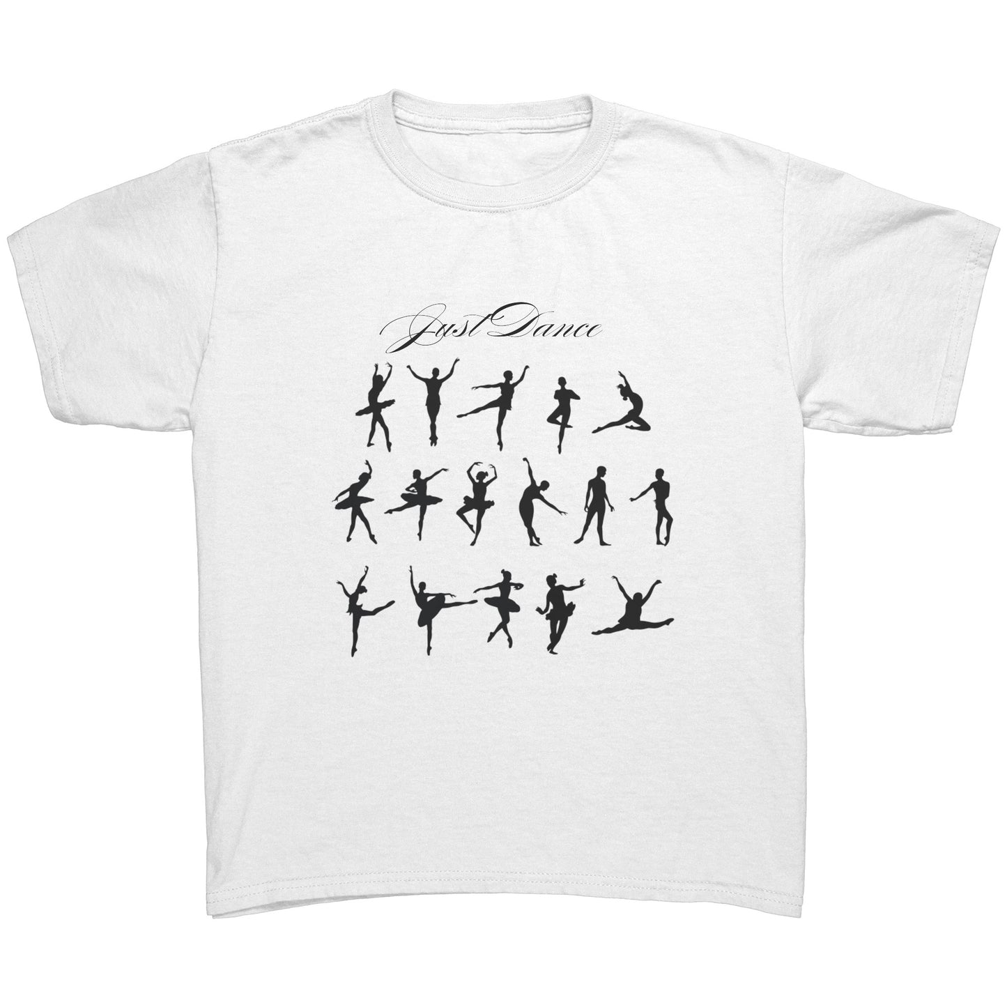 White colored Just Dance Children's T-Shirt. The eye-catching design features silhouettes of different dance poses, with the phrase Just Dance.