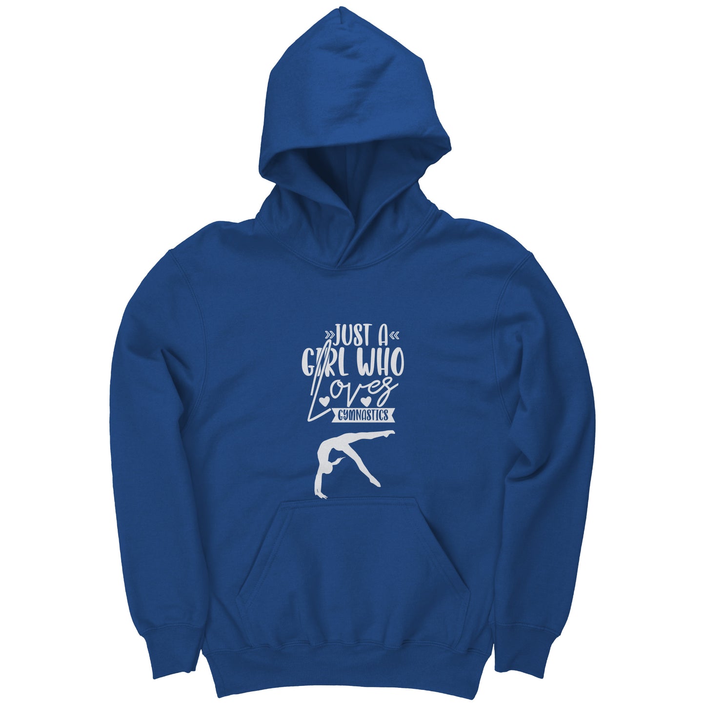 Royal Blue Just a Girl Who Loves Gymnastics Children's Hoodie with White Text and image of female gymnast
