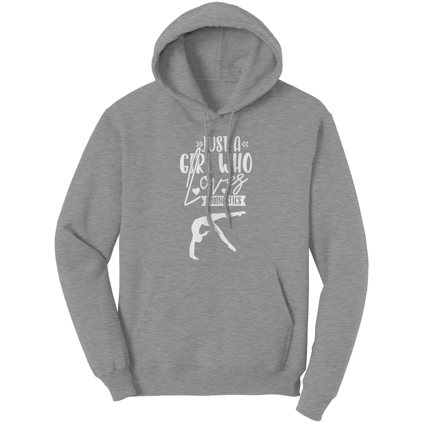 Ash Grey Colored Just a Girl Who Loves Gymnastics Women's Hoodie, features the phrase, just a girl who loves gymnastics along with two flipping gymnasts in white