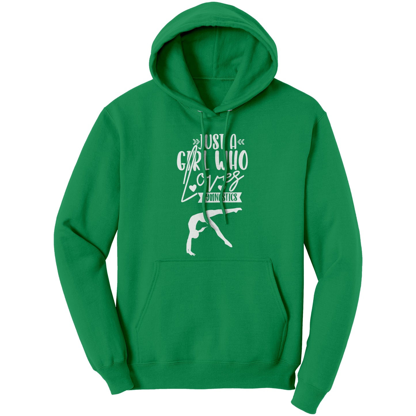 Kelly Green Colored Just a Girl Who Loves Gymnastics Women's Hoodie, features the phrase, just a girl who loves gymnastics along with two flipping gymnasts in white