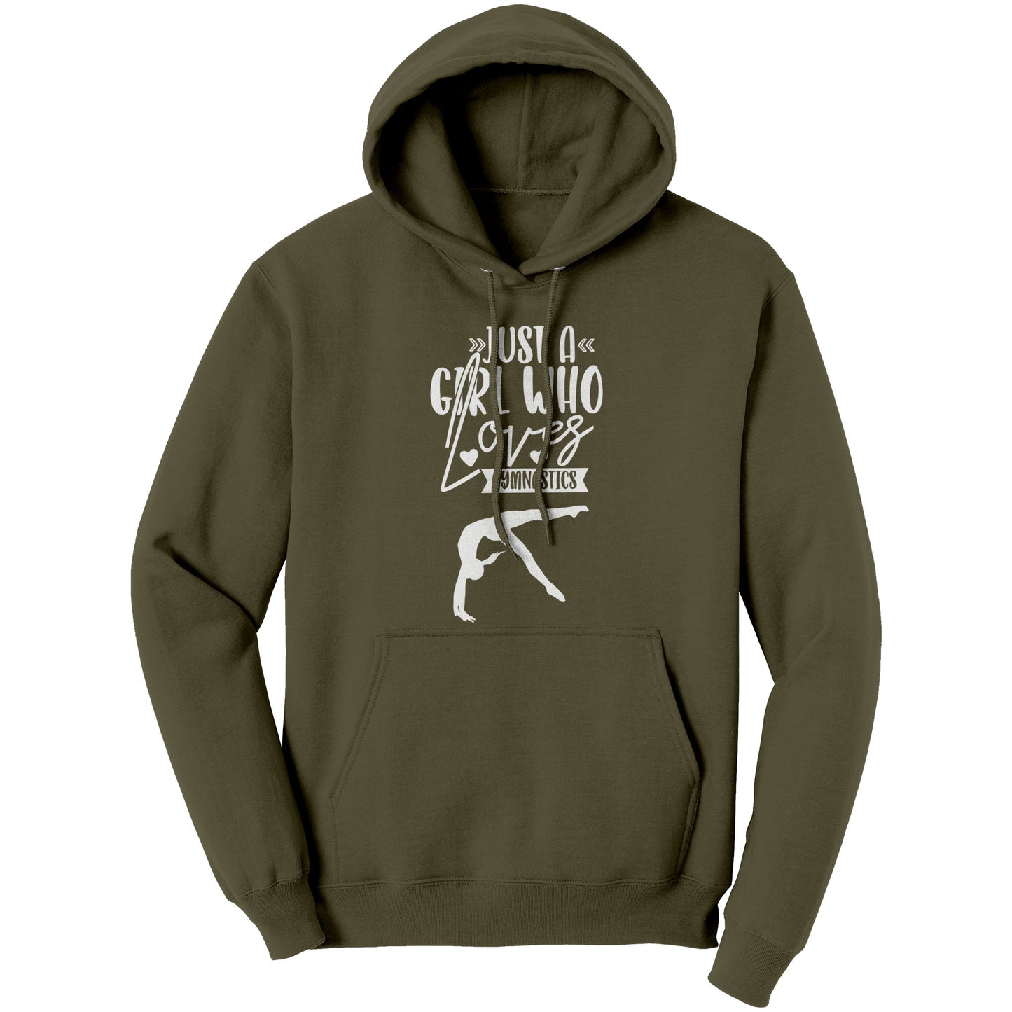 Olive Drab Green Colored Just a Girl Who Loves Gymnastics Women's Hoodie, features the phrase, just a girl who loves gymnastics along with two flipping gymnasts in white