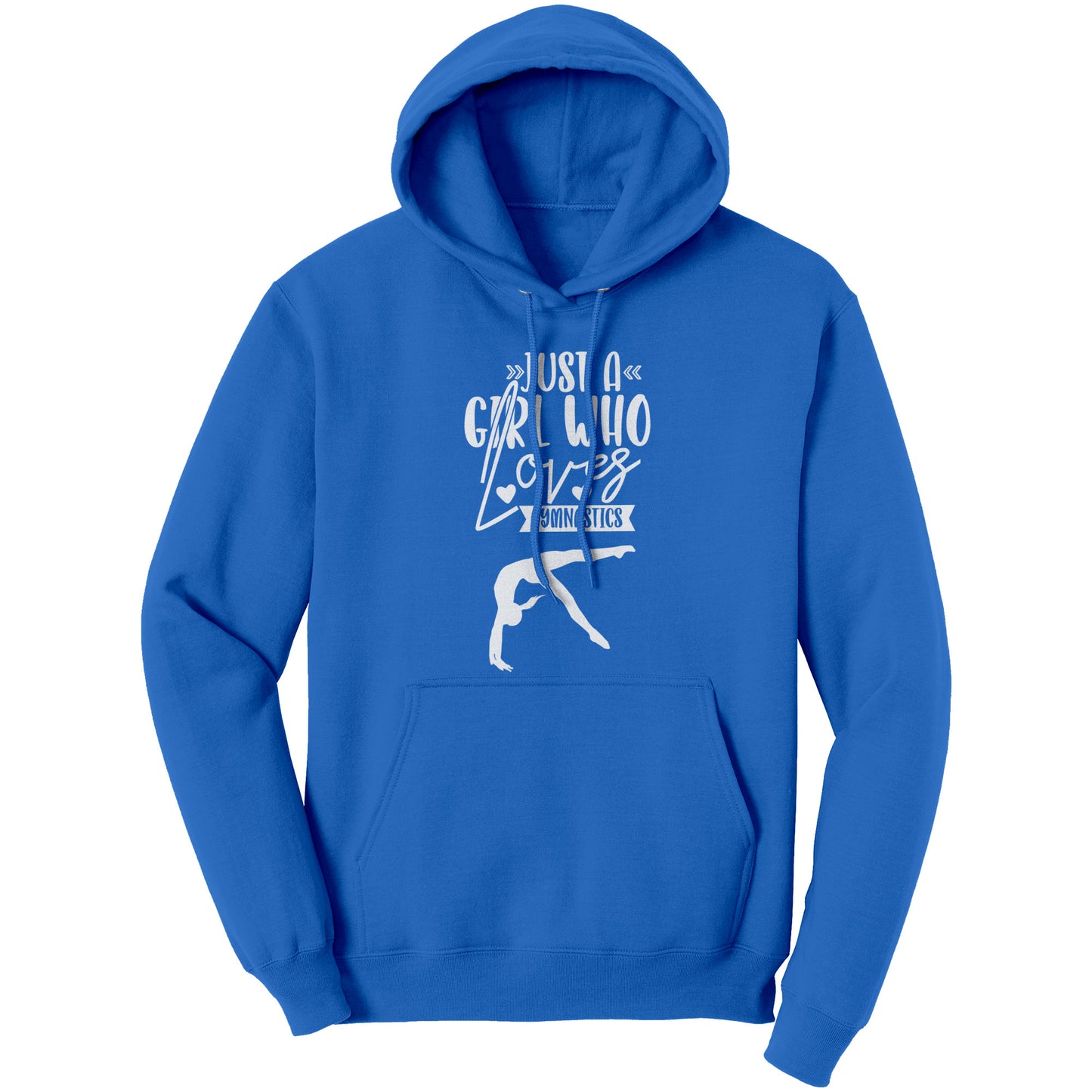 Royal Colored Just a Girl Who Loves Gymnastics Women's Hoodie, features the phrase, just a girl who loves gymnastics along with two flipping gymnasts in white