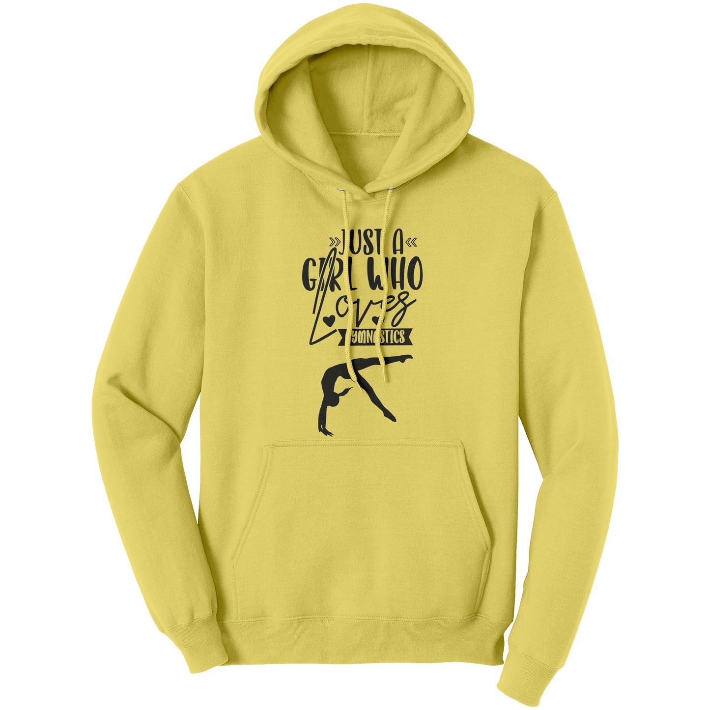 Yellow Colored Just a Girl Who Loves Gymnastics Women's Hoodie, features the phrase, just a girl who loves gymnastics along with two flipping gymnasts