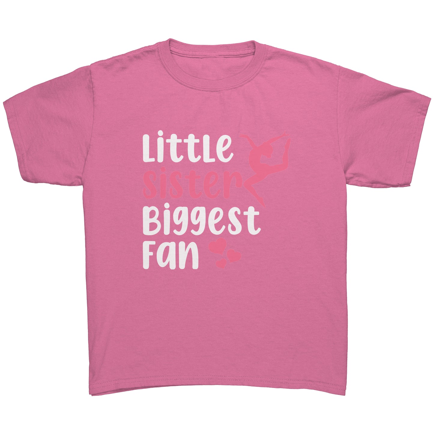 Azalea Little Sister, Biggest Fan Children's Gymnastics T-Shirt. This t-shirt says Little Sister Biggest Fan in white and pink letters with a leaping gymnast on the front.