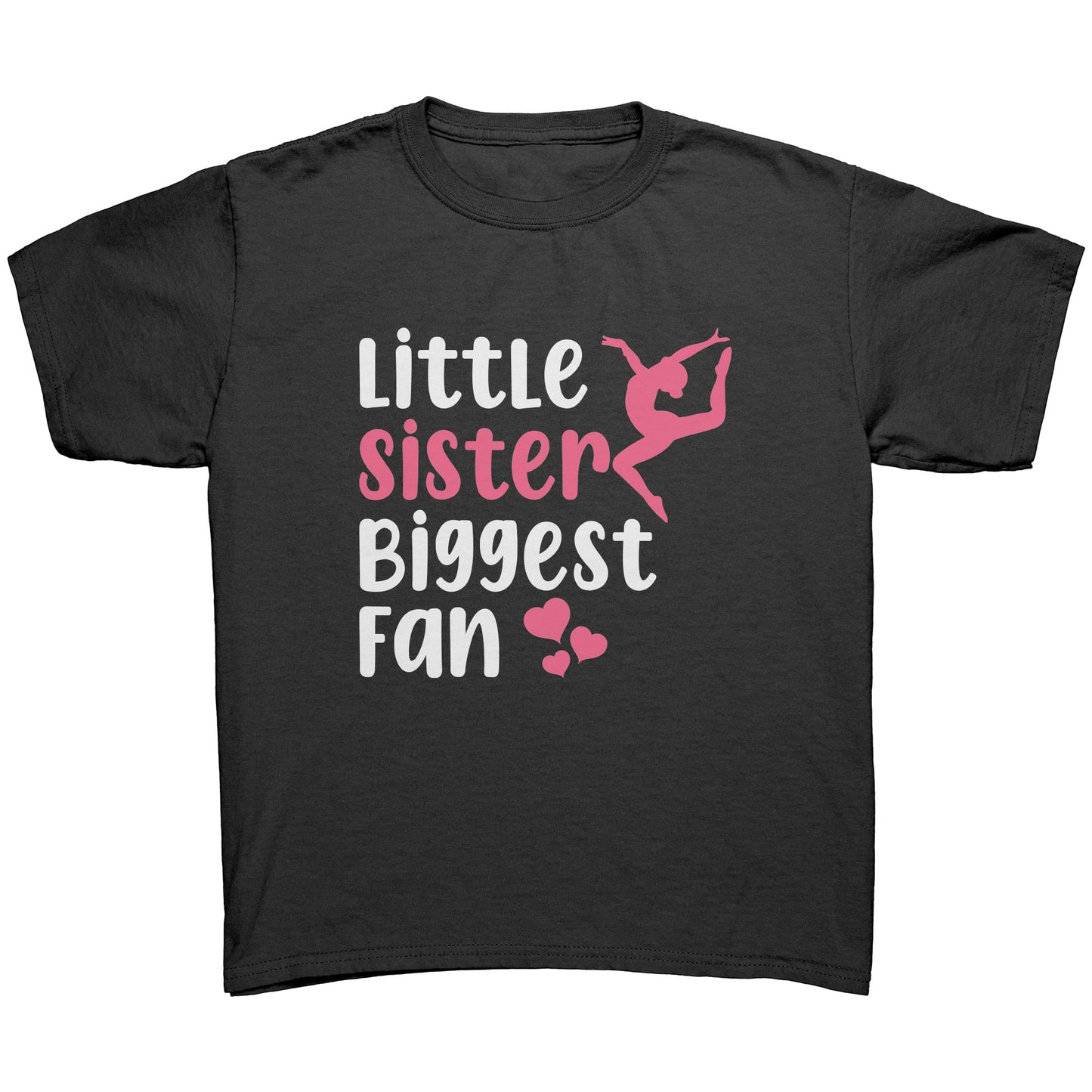 Black Little Sister, Biggest Fan Children's Gymnastics T-Shirt. This t-shirt says Little Sister Biggest Fan in white and pink letters with a leaping gymnast on the front.
