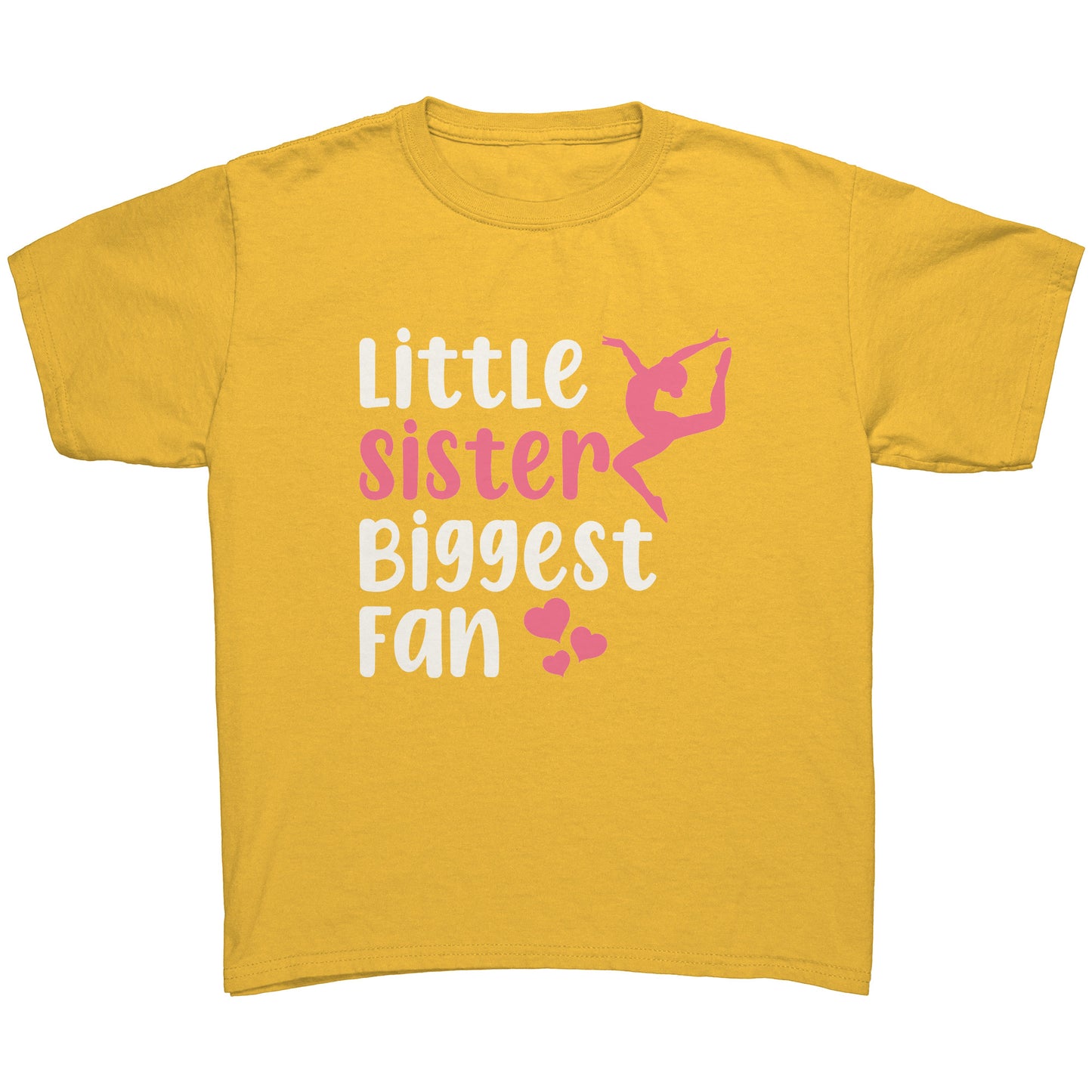Gold Little Sister, Biggest Fan Children's Gymnastics T-Shirt. This t-shirt says Little Sister Biggest Fan in white and pink letters with a leaping gymnast on the front.