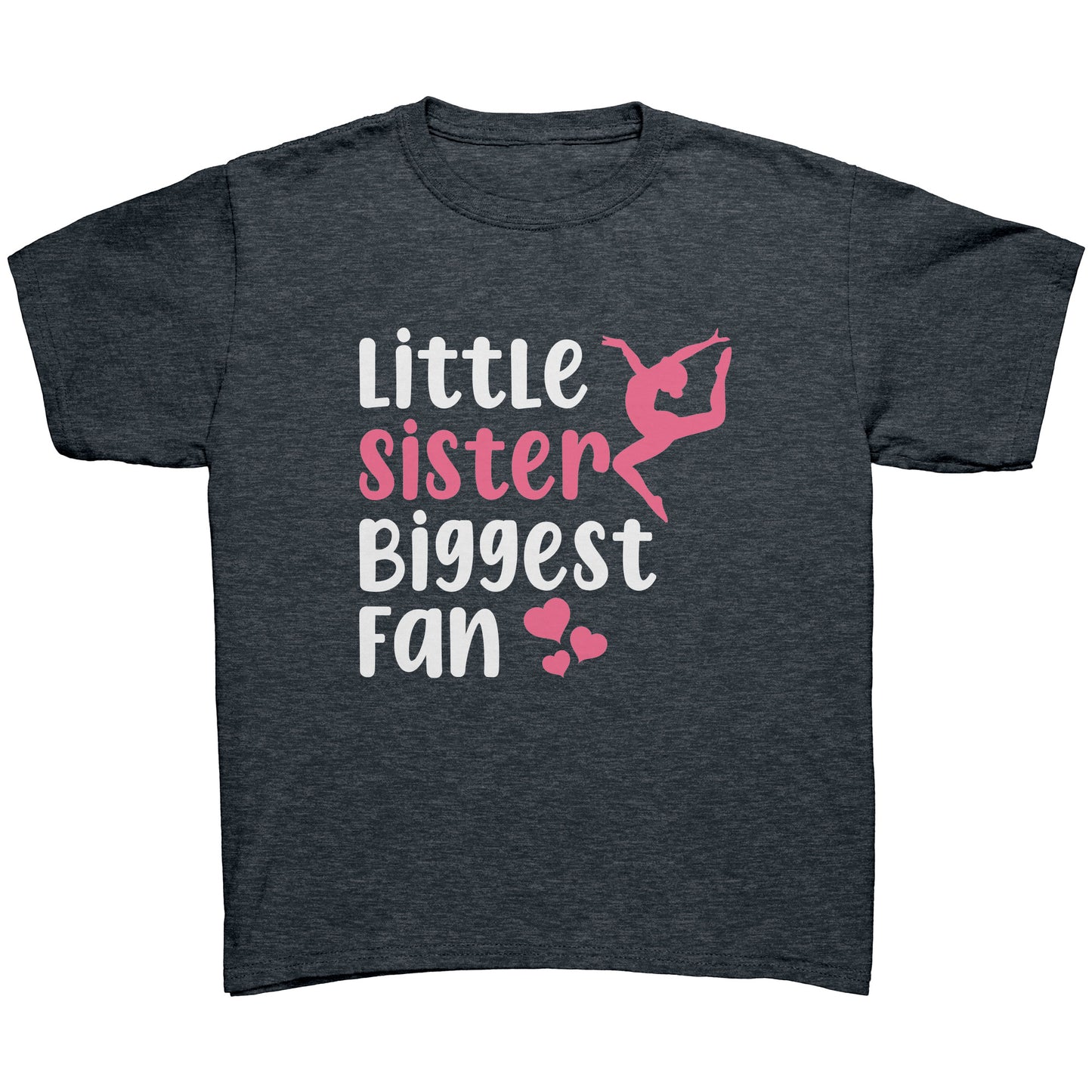 Heather Navy Little Sister, Biggest Fan Children's Gymnastics T-Shirt. This t-shirt says Little Sister Biggest Fan in white and pink letters with a leaping gymnast on the front.