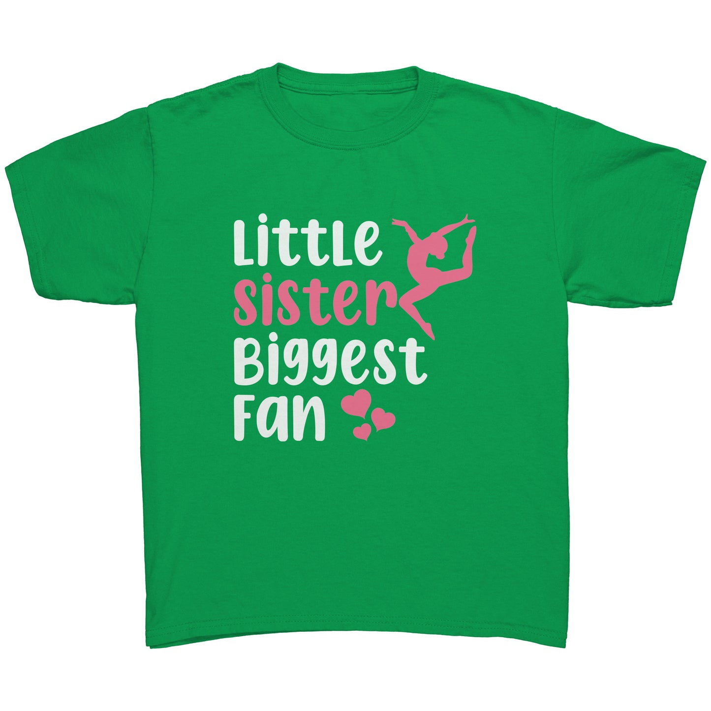 Irish Green Little Sister, Biggest Fan Children's Gymnastics T-Shirt. This t-shirt says Little Sister Biggest Fan in white and pink letters with a leaping gymnast on the front.