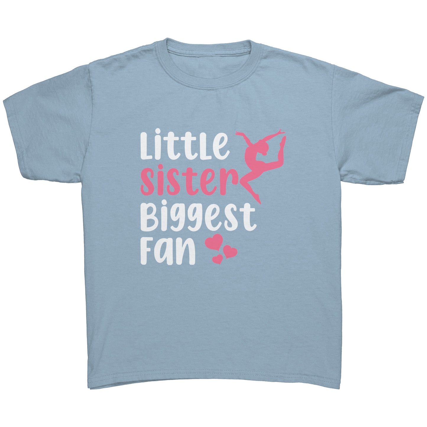 Light Blue Little Sister, Biggest Fan Children's Gymnastics T-Shirt. This t-shirt says Little Sister Biggest Fan in white and pink letters with a leaping gymnast on the front.