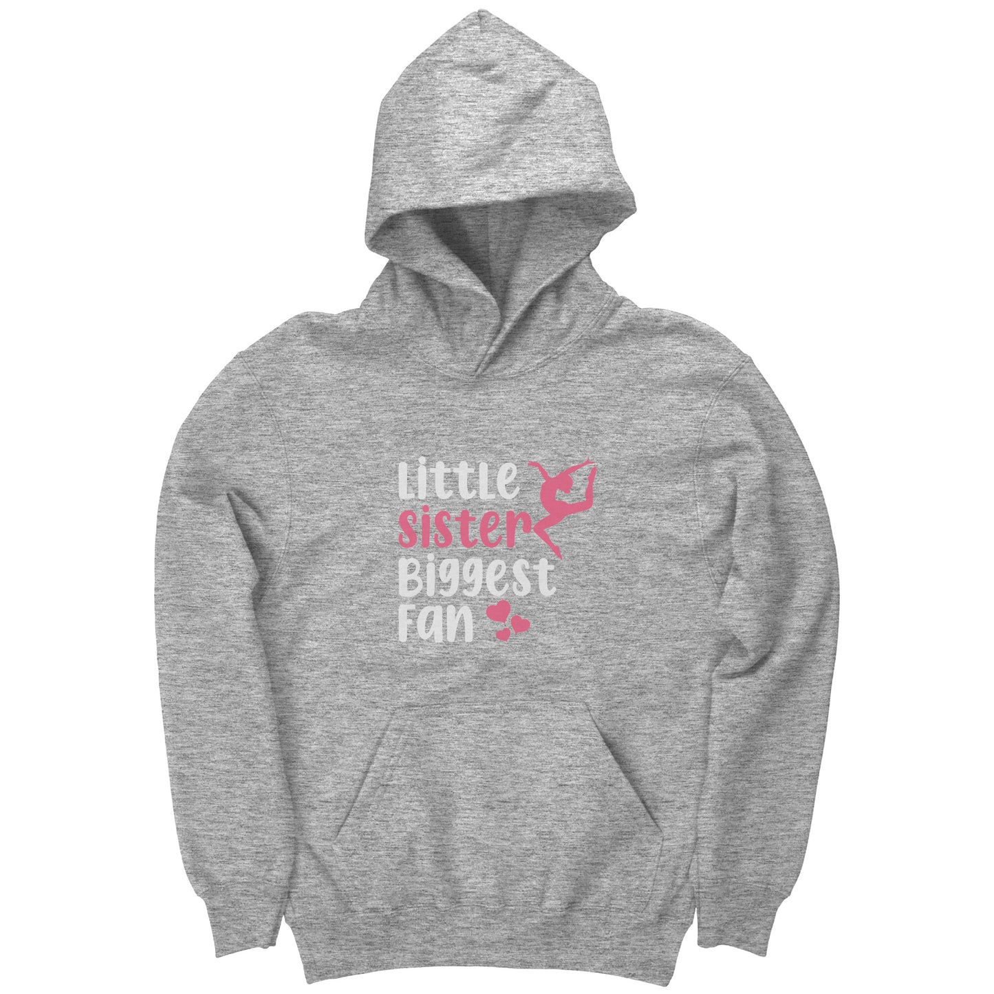 Grey Little Sister, Biggest Fan Children's Gymnastics Hoodie. This hoodie says Little Sister Biggest Fan in white and pink letters with a leaping gymnast on the front.