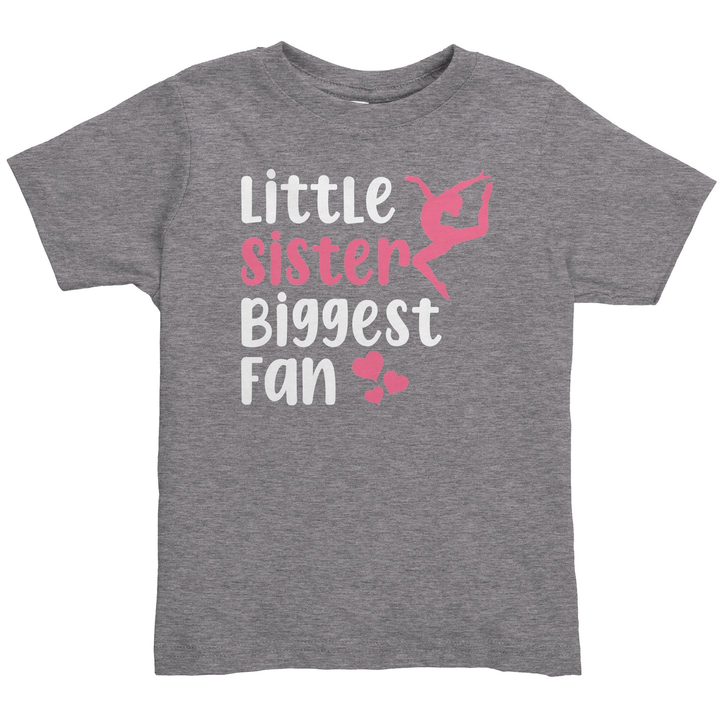 Sport Grey Little Sister, Biggest Fan Toddler Gymnastics T-Shirt. This t-shirt says Little Sister Biggest Fan in white and pink letters with a leaping gymnast on the front.
