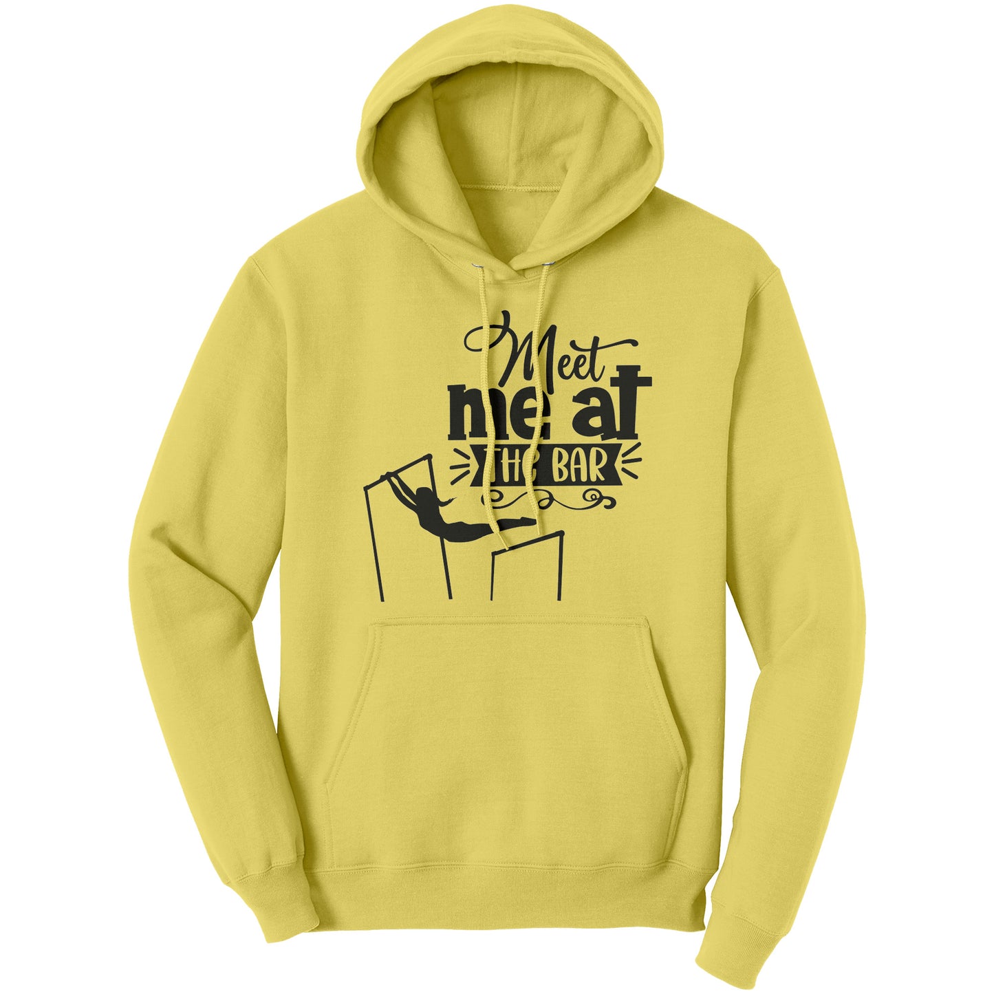 Yellow Colored "Meet Me at the Bar" Women's Gymnastics Hoodie featuring an artistic depiction of a gymnast on the uneven bars