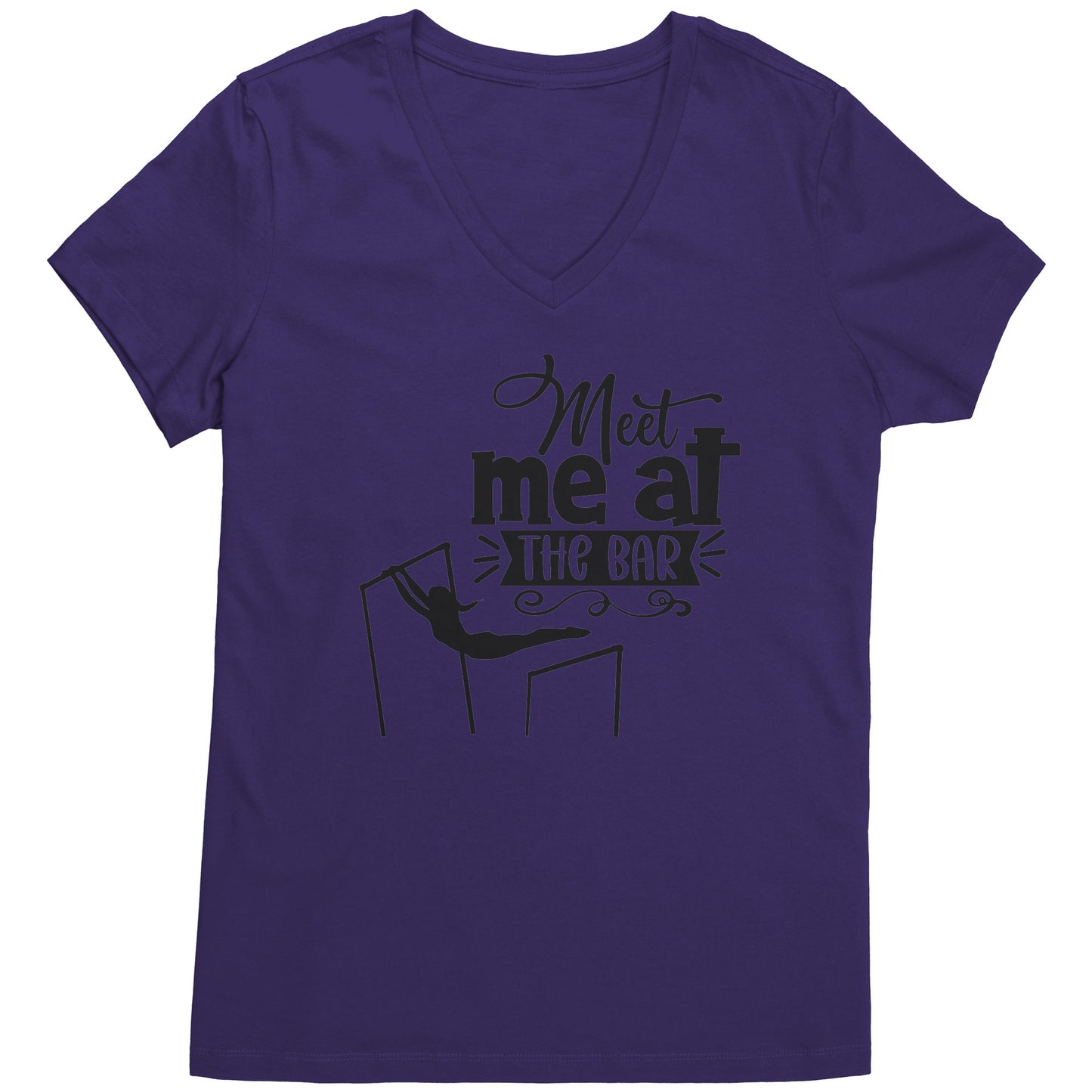 Purple Colored "Meet Me at the Bar" Women's Gymnastics T-Shirt featuring an artistic depiction of a gymnast on the uneven bars