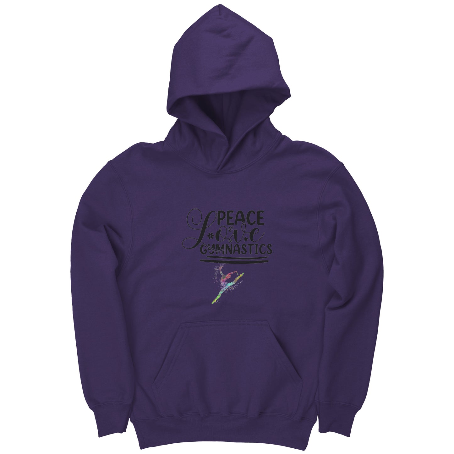 Purple Colored Peace, Love, and Gymnastics hoodie for children features the Peace, Love Gymnastics slogan, along with a colorful image of a leaping gymnast.
