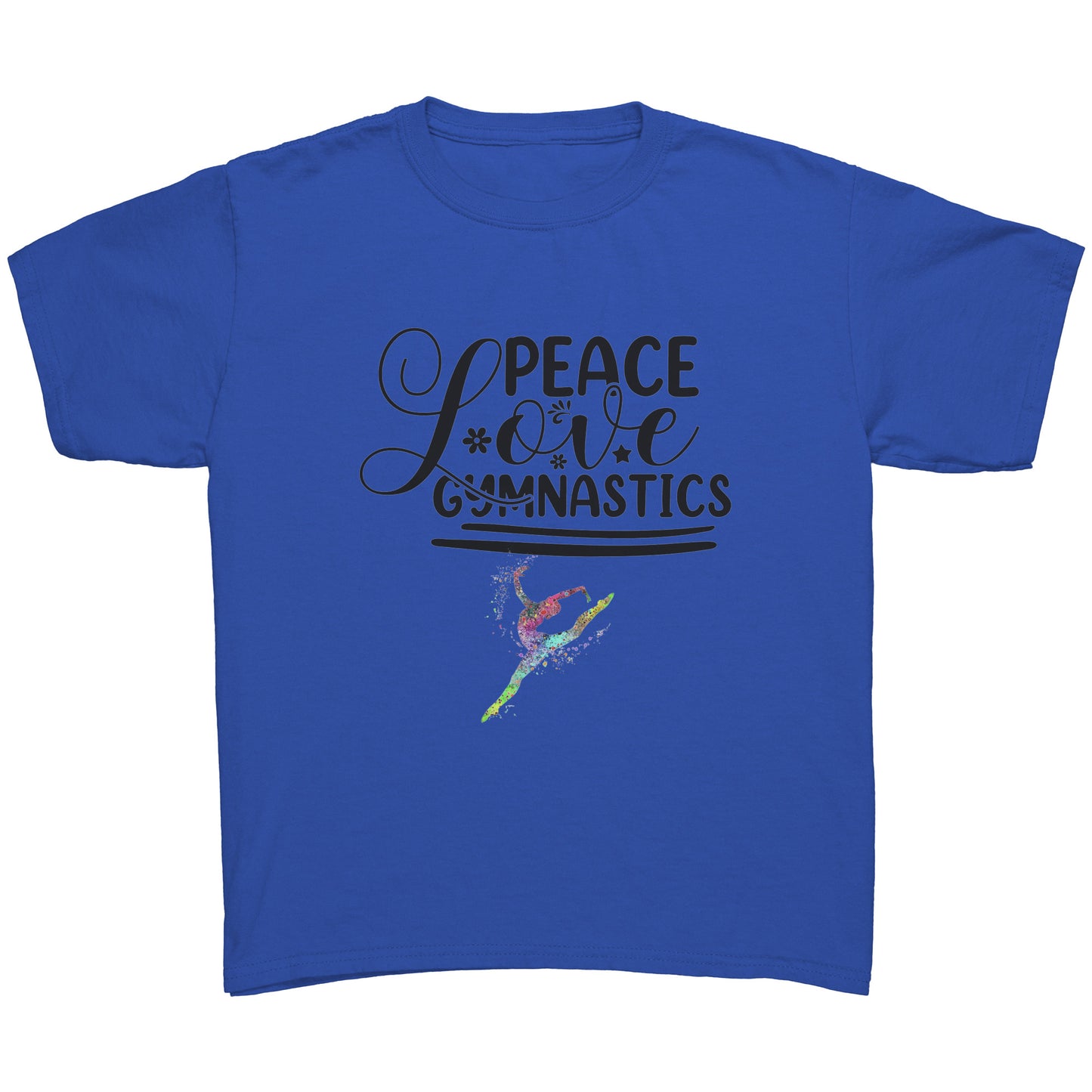 Royal Blue Colored Peace, Love, and Gymnastics t-shirt for children features the Peace, Love Gymnastics slogan, along with a colorful image of a leaping gymnast.