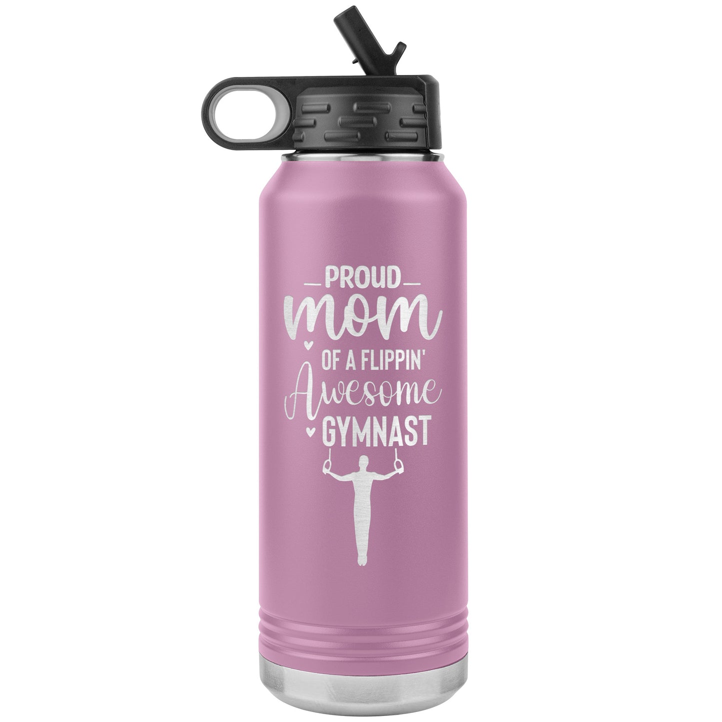Light Purple Proud mom of a Flippin Awesome Male Gymnast Gymnastics Mom 32 oz Stainless Steel Water Bottle With the image of a male gymnast on the rings