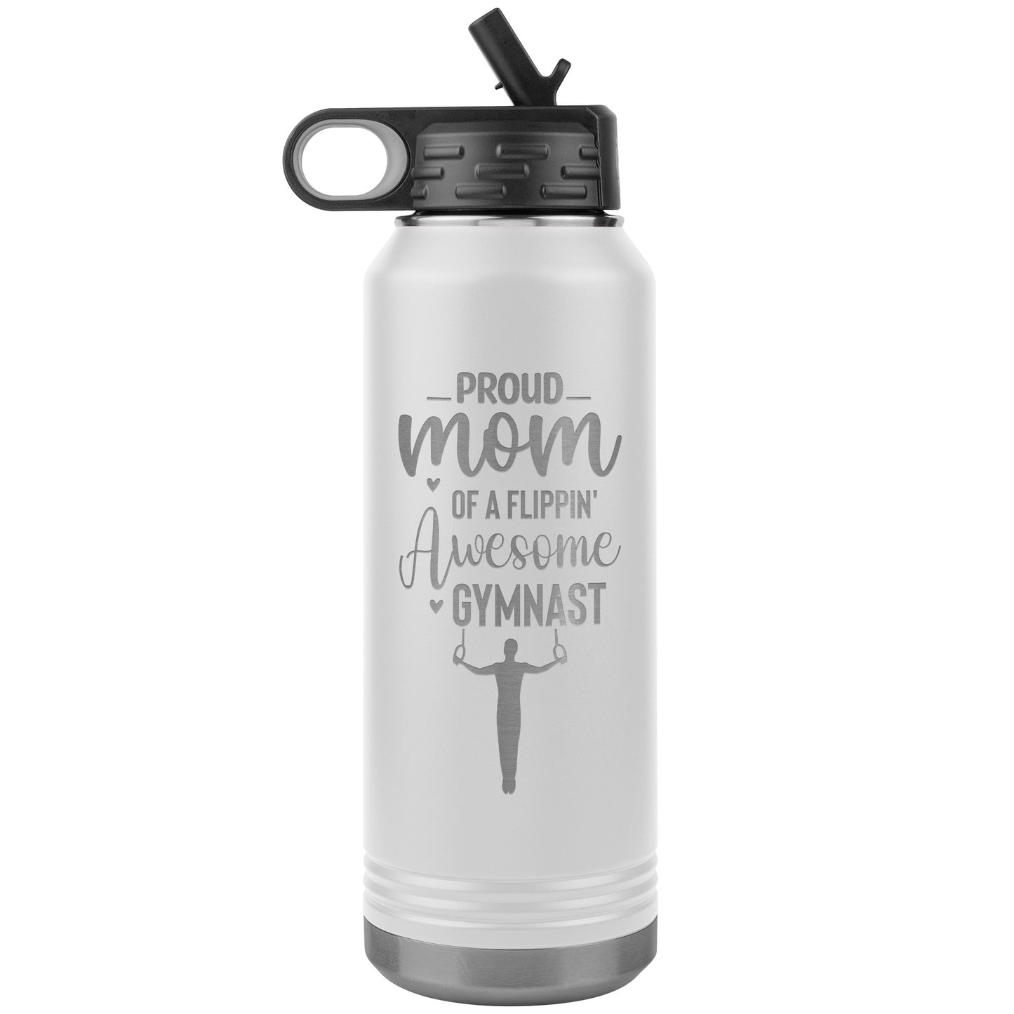 White Proud mom of a Flippin Awesome Male Gymnast Gymnastics Mom 32 oz Stainless Steel Water Bottle With the image of a male gymnast on the rings