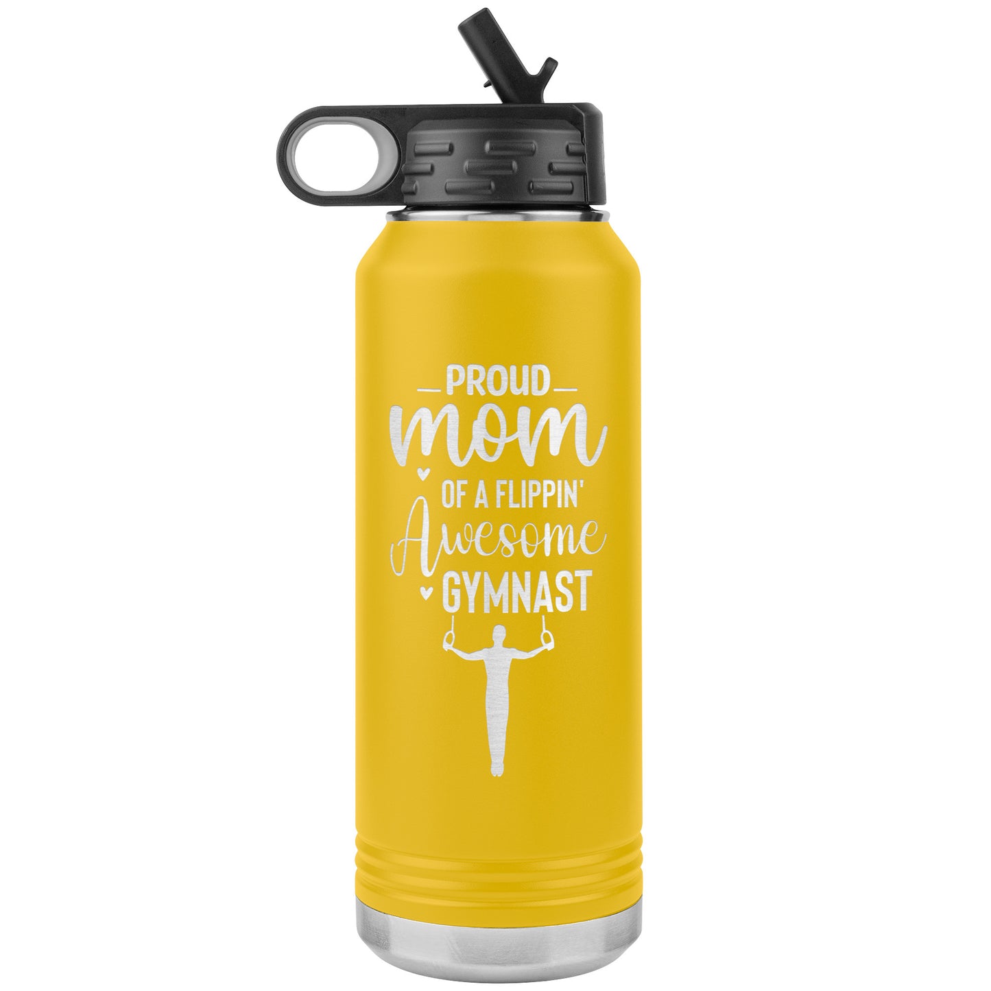 Yellow Proud mom of a Flippin Awesome Male Gymnast Gymnastics Mom 32 oz Stainless Steel Water Bottle With the image of a male gymnast on the rings