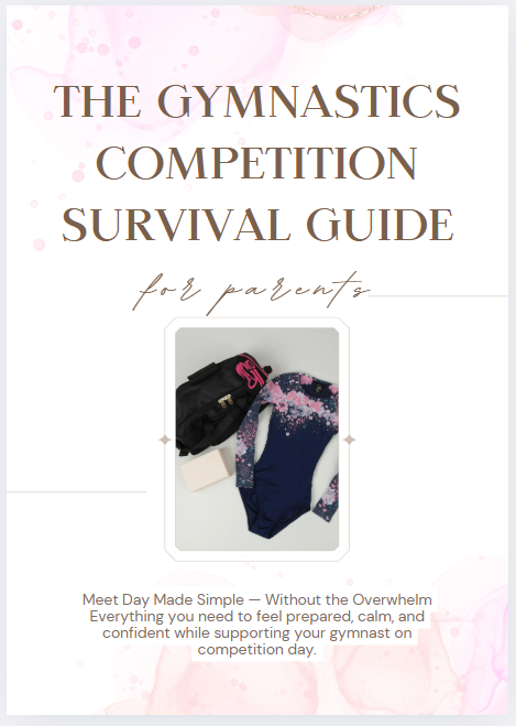 Gymnastics competition survival guide for parents PDF cover with leotards and title lettering