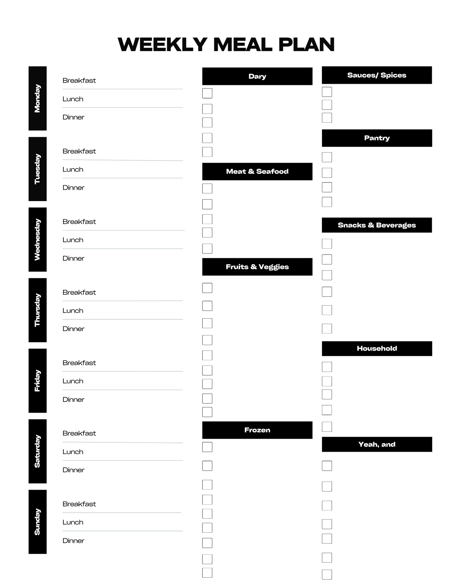 Black weekly meal plan planner page with checkboxes for meals, pantry, and notes