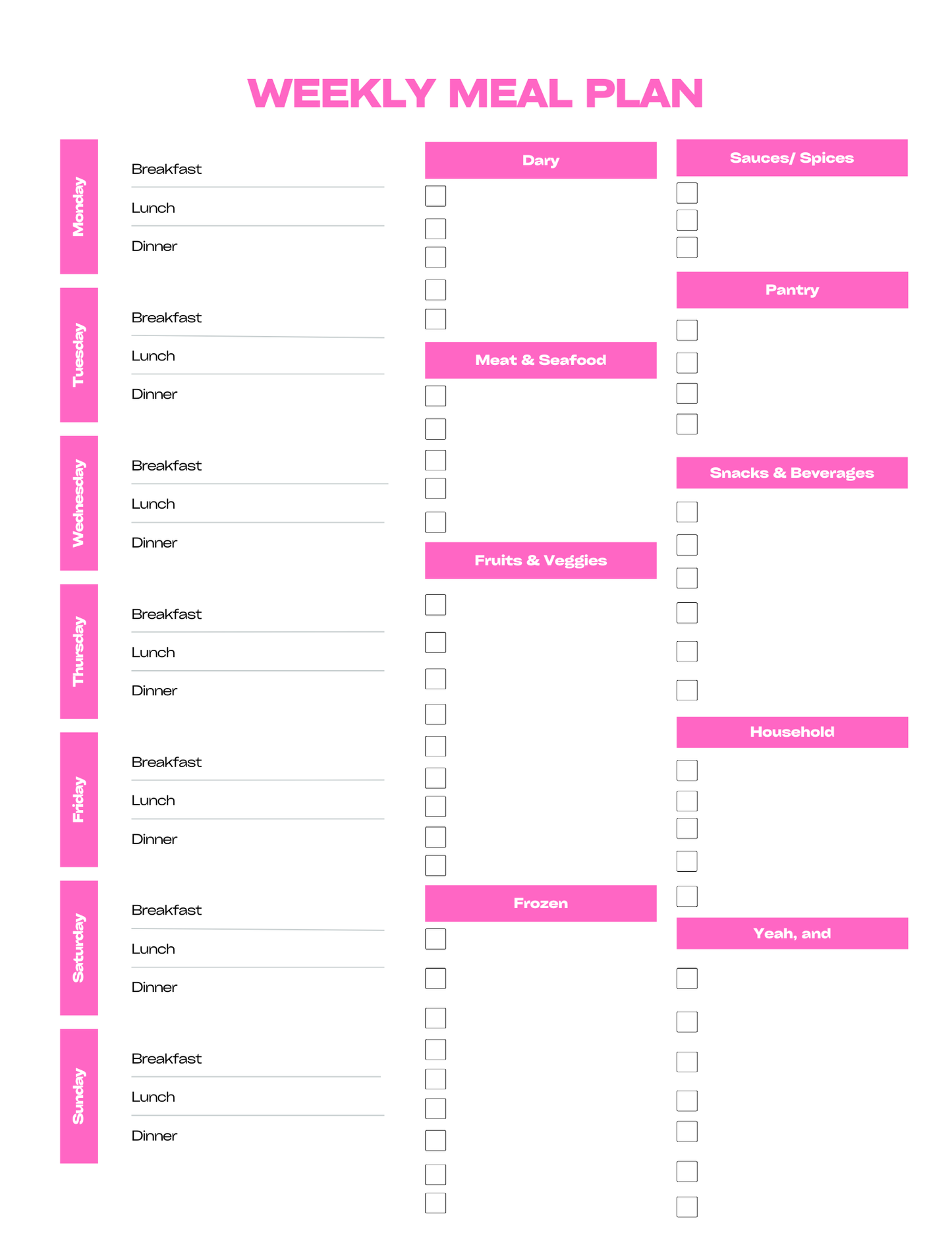 Pink weekly meal plan organizer with meal times and ingredient checklists