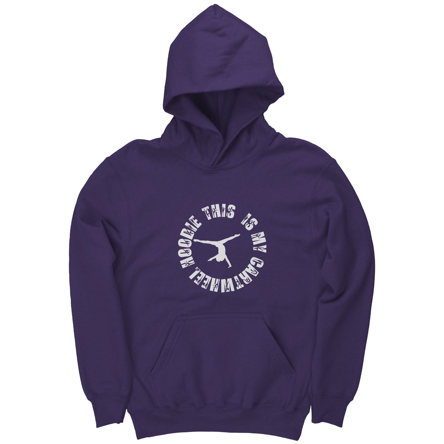 Purple colored This is My Cartwheel Hoodie Children's Gymnastics Hoodie. The front of the hoodie features a stylish circular design with the white text "This is My Cartwheel Hoodie" along with a cartwheeling gymnast.