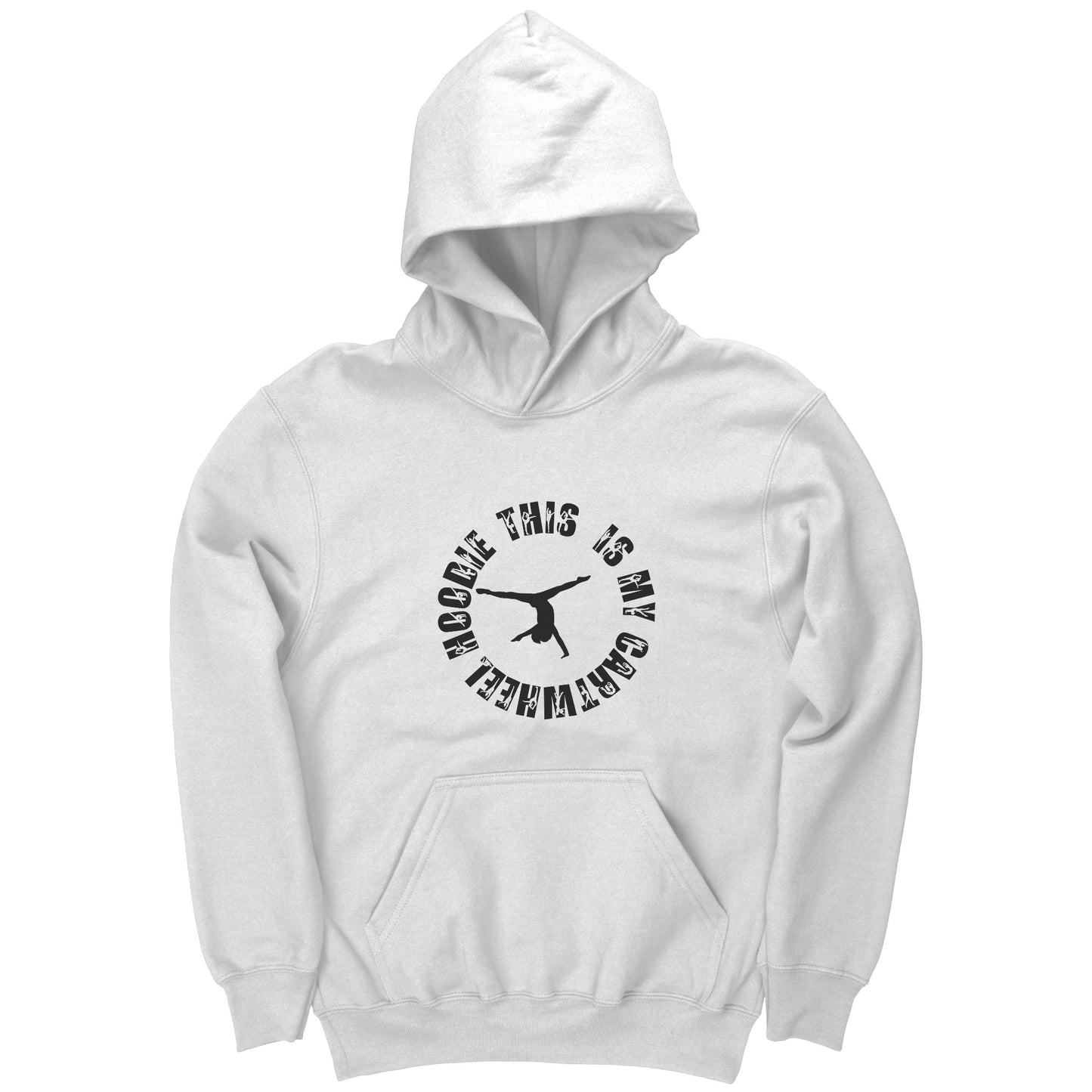 White colored This is My Cartwheel Hoodie Children's Gymnastics Hoodie. The front of the hoodie features a stylish circular design with the text "This is My Cartwheel Hoodie" along with a cartwheeling gymnast.