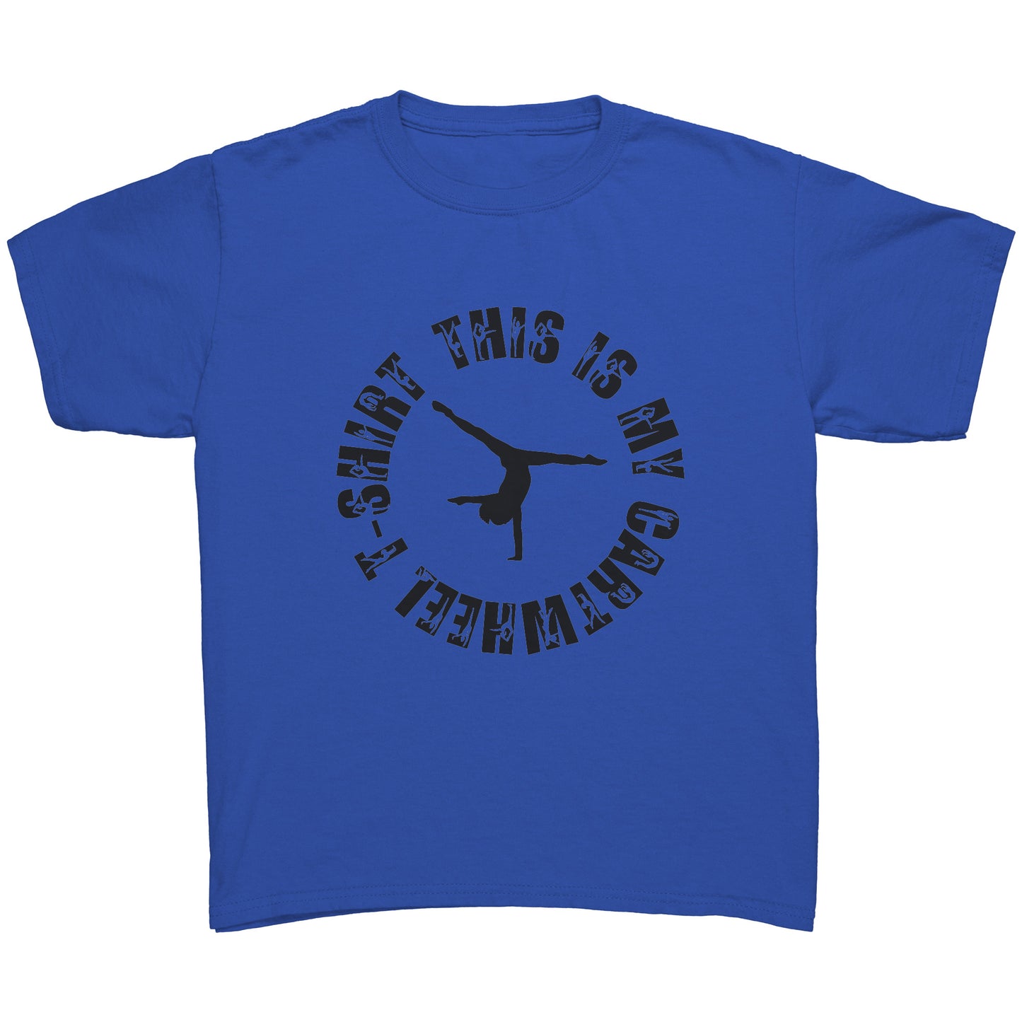 Royal Blue colored This is My Cartwheel T-Shirt Children's Gymnastics T-Shirt. The front of the shirt features a stylish circular design with the text "This is My Cartwheel T-Shirt" along with a cartwheeling gymnast.
