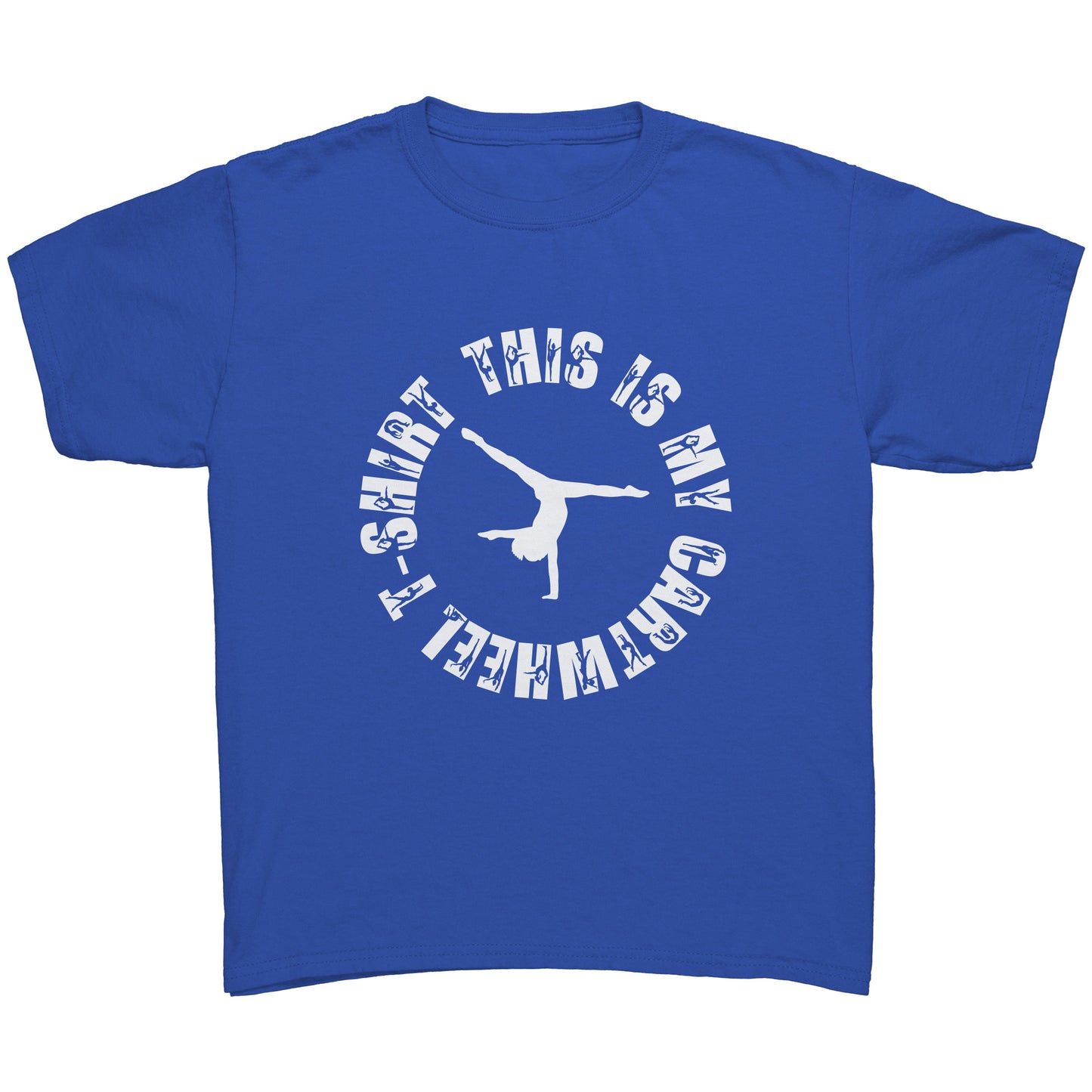 Royal colored This is My Cartwheel T-Shirt Children's Gymnastics T-Shirt. The front of the shirt features a stylish circular design with the text "This is My Cartwheel T-Shirt" in white font along with a cartwheeling gymnast.