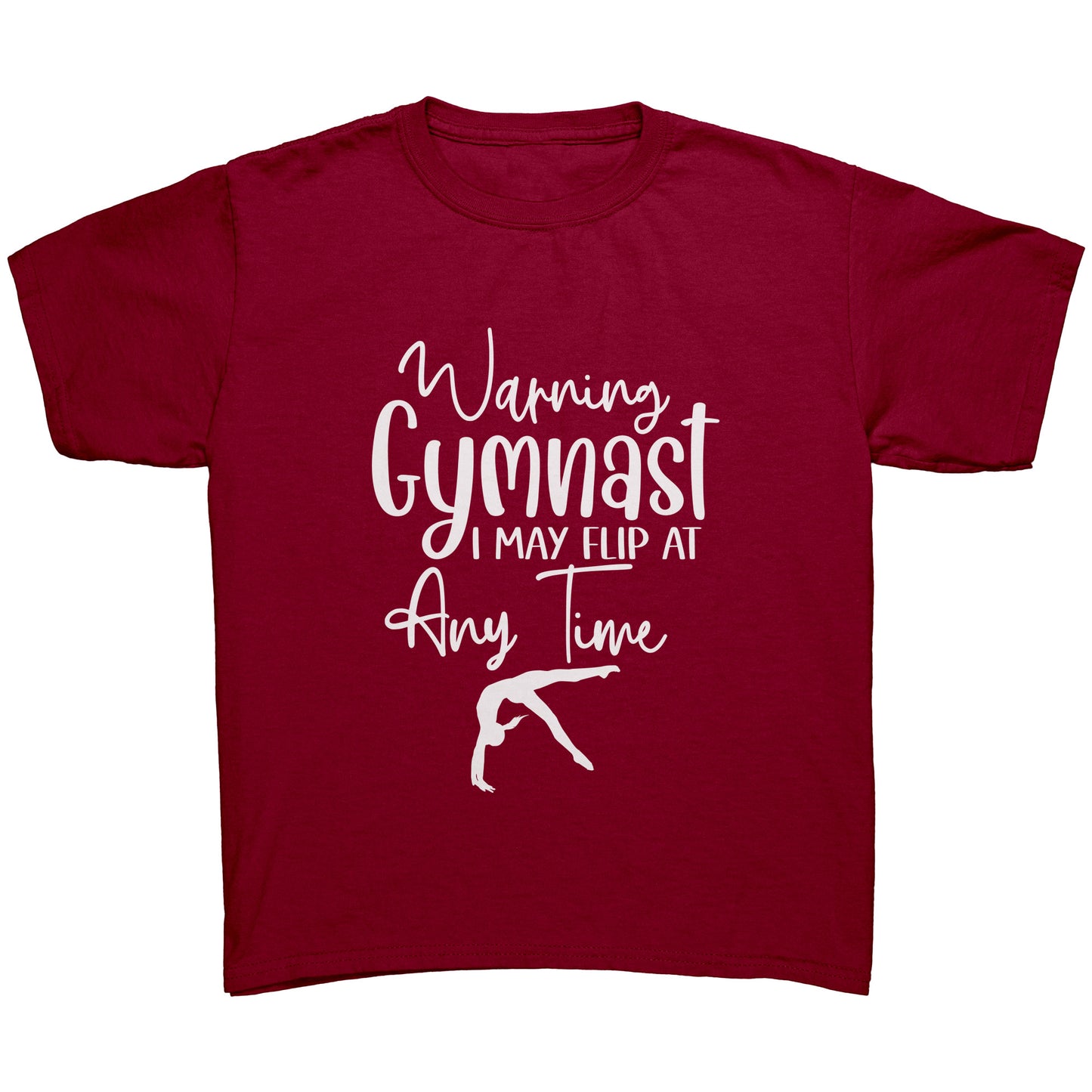Cardinal colored Warning Gymnast May Flip at Any Time Children's T-shirt. This t-shirt says Warning Gymnast, I may Flip at Any Time in white front and features a gymnast doing a back handspring.