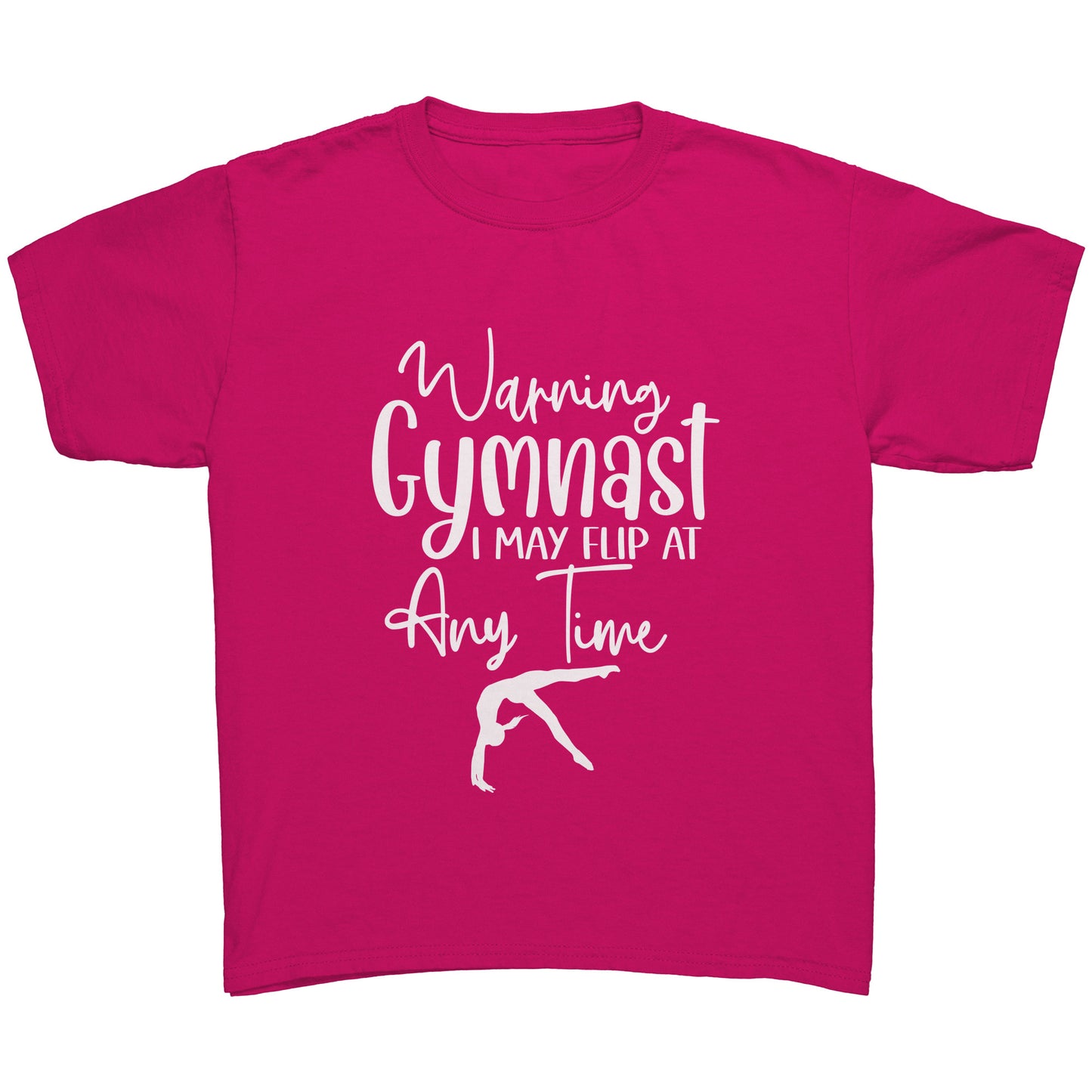 Heliconia colored Warning Gymnast May Flip at Any Time Children's T-shirt. This t-shirt says Warning Gymnast, I may Flip at Any Time in white front and features a gymnast doing a back handspring.