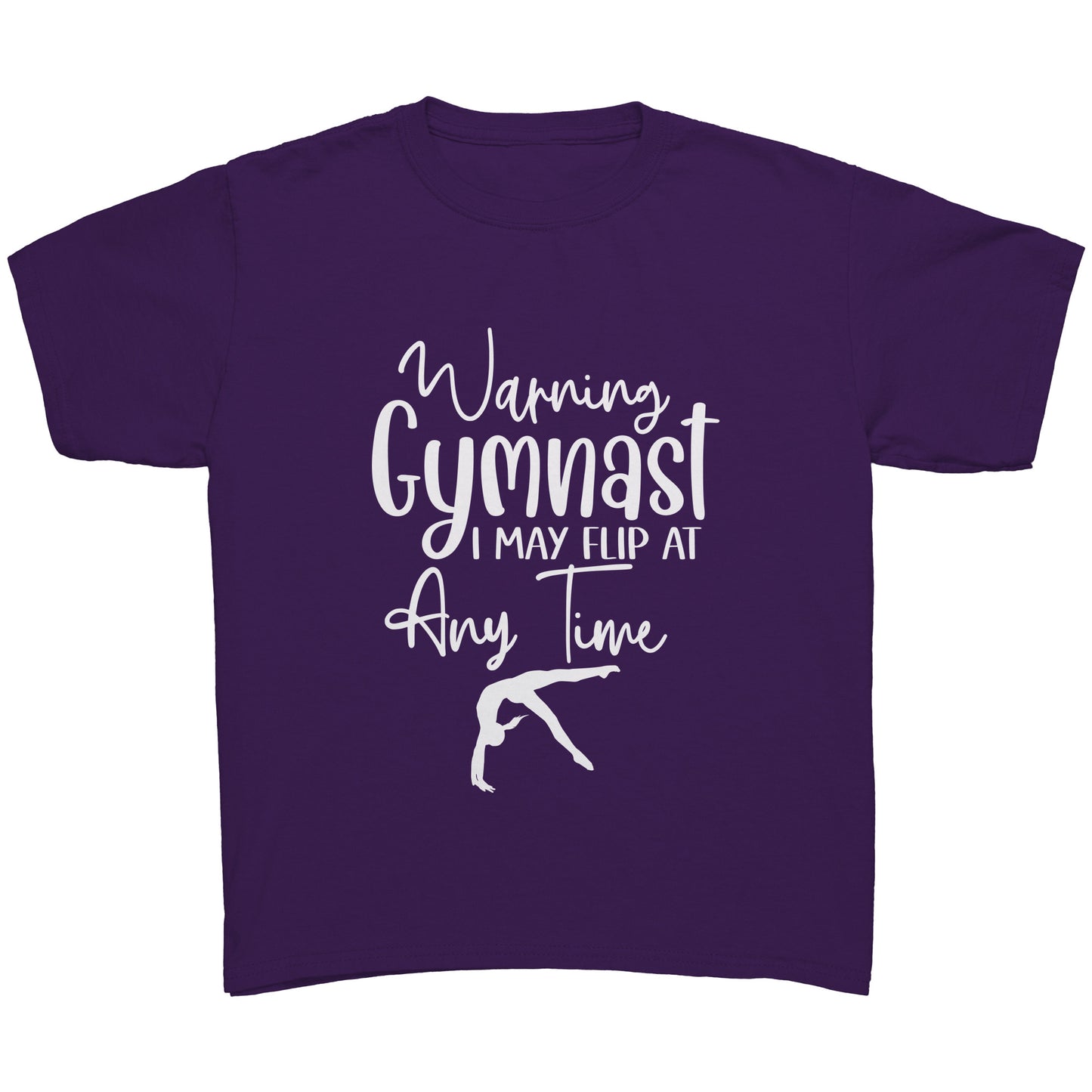 Purple colored Warning Gymnast May Flip at Any Time Children's T-shirt. This t-shirt says Warning Gymnast, I may Flip at Any Time in white front and features a gymnast doing a back handspring.