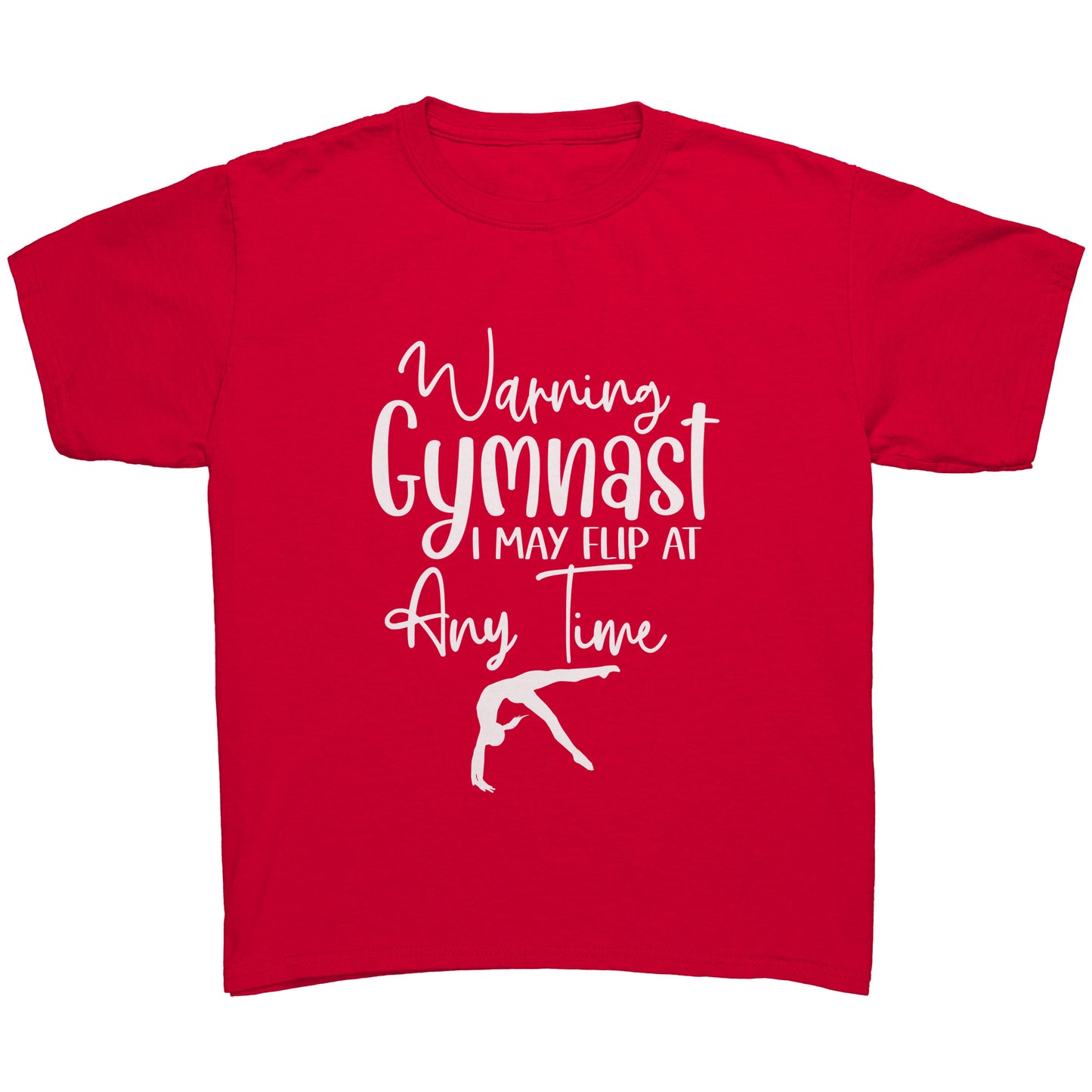 Red colored Warning Gymnast May Flip at Any Time Children's T-shirt. This t-shirt says Warning Gymnast, I may Flip at Any Time in white front and features a gymnast doing a back handspring.