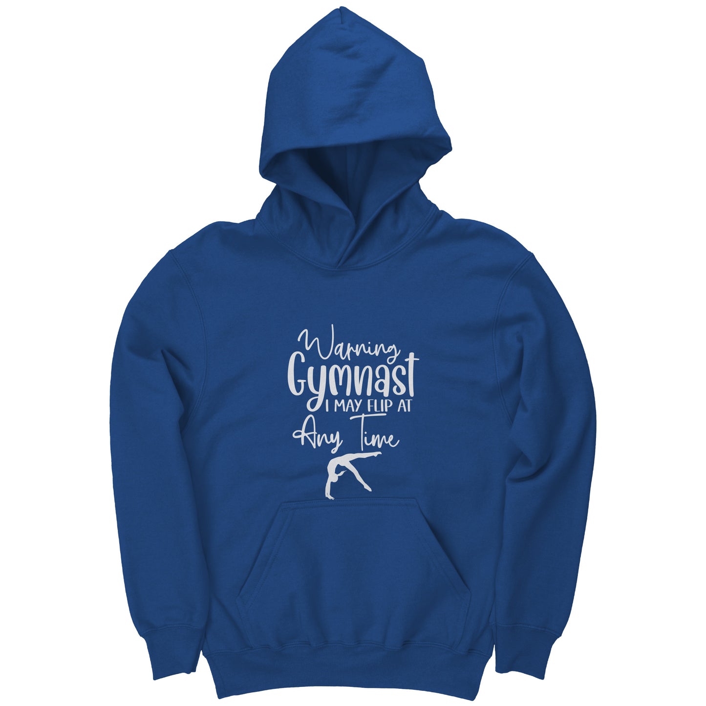 Royal colored Warning Gymnast May Flip at Any Time Children's T-shirt. This hoodie says Warning Gymnast, I may Flip at Any Time in white front and features a gymnast doing a back handspring.