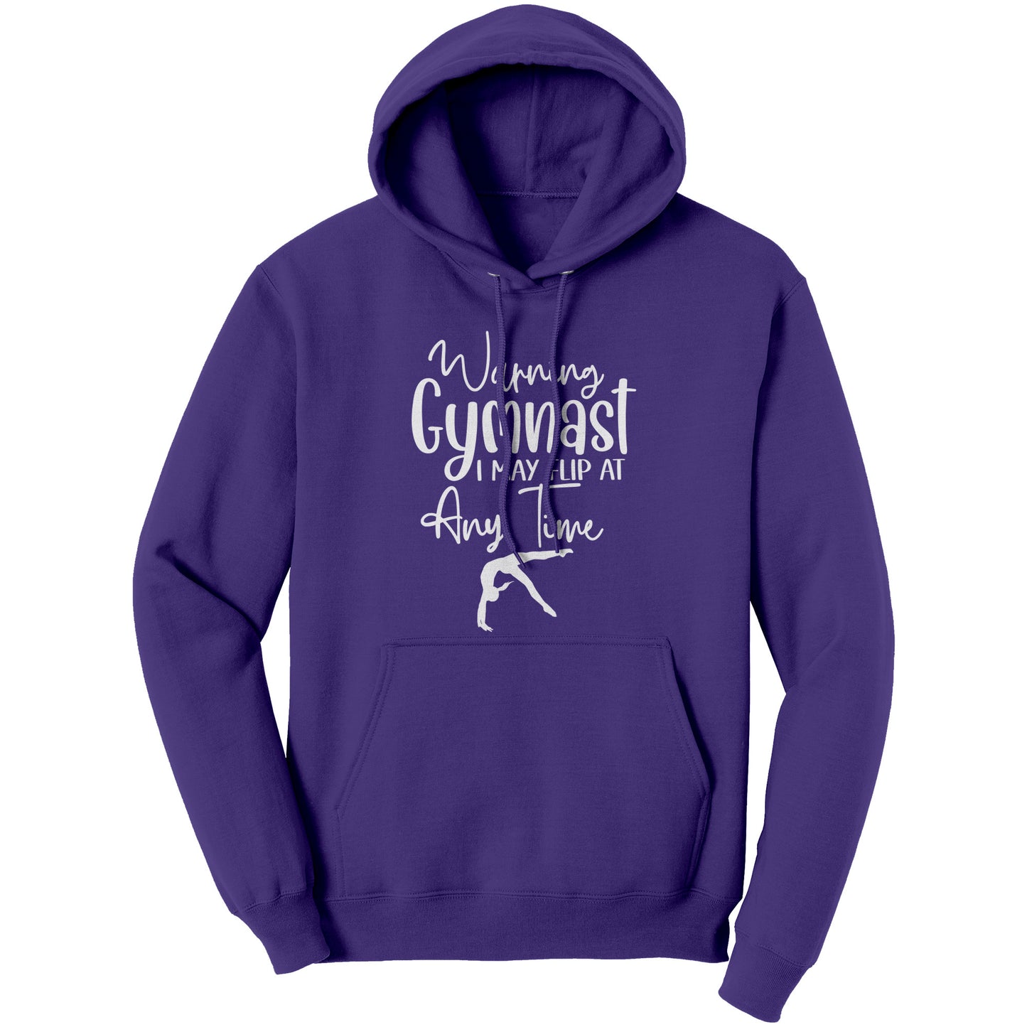 Purple colored Warning Gymnast May Flip at Any Time Women's Hoodie. This hoodie says Warning Gymnast, I may Flip at Any Time in white font and features a gymnast doing a back handspring.